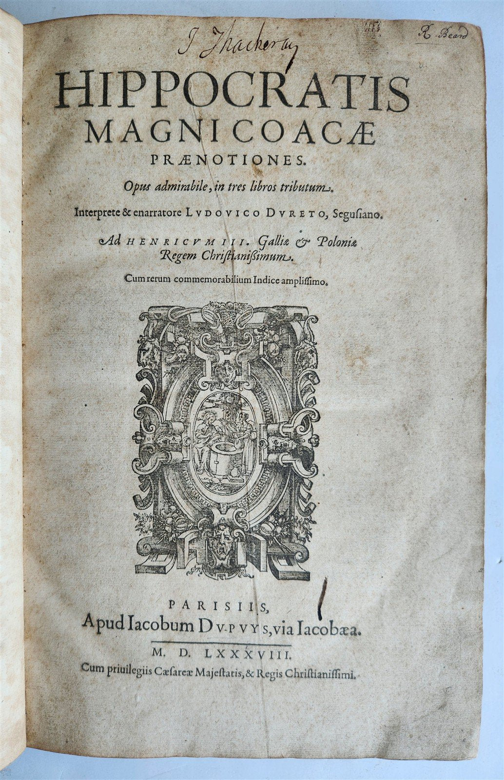 1588 HIPPOCRATES from PERSONAL LIBRARY of WILLIAM THACKERAY w/ AUTOGRAPH antique