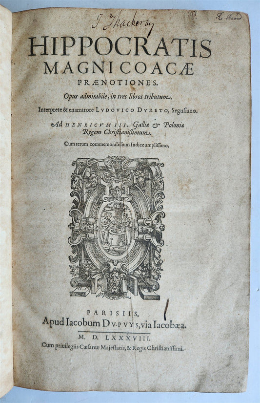 1588 HIPPOCRATES from PERSONAL LIBRARY of WILLIAM THACKERAY w/ AUTOGRAPH antique