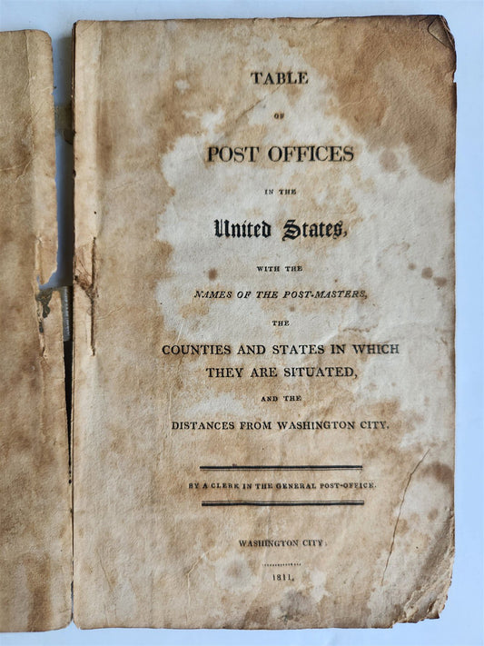1811 TABLE of POST OFFICES in the UNITED STATES antique AMERICANA
