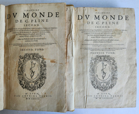 1584 HISTORY OF THE WORLD by PLINY antique L'HISTOIRE DU MONDE 2 folio volumes