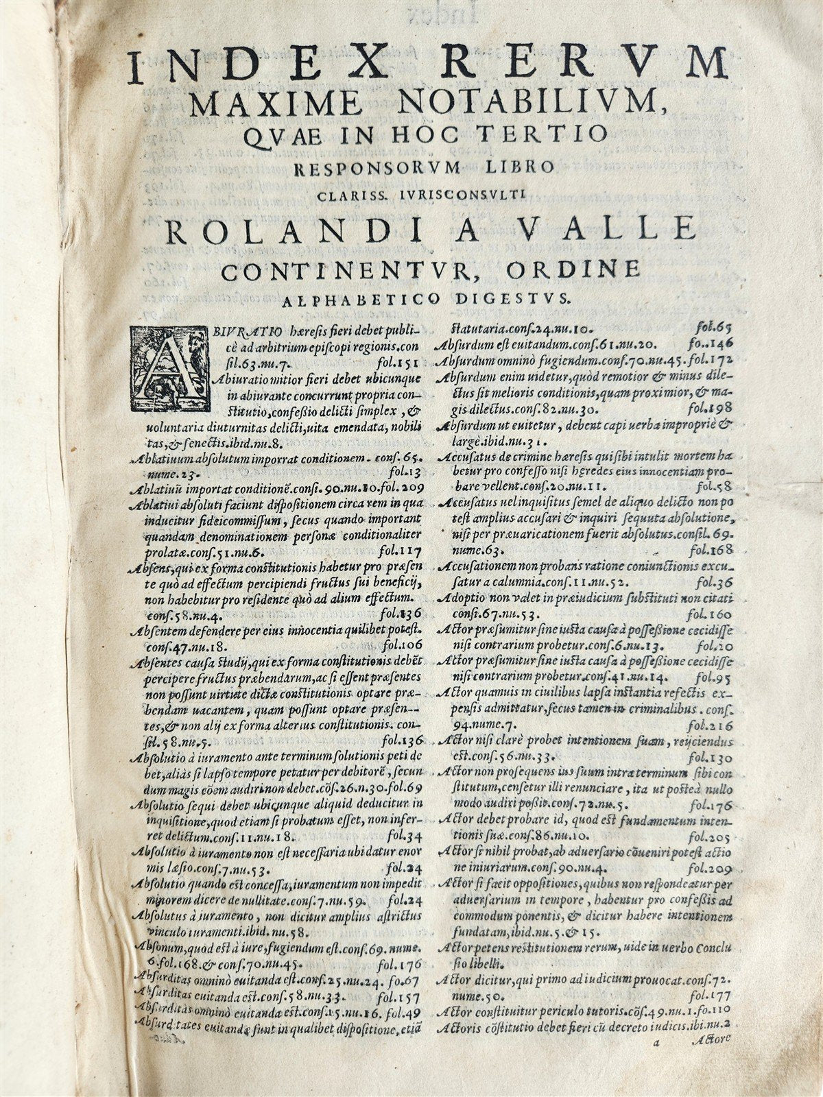 1570 LAW BOOK CONSILIORUM sev mavis RESPONSORUM ROLANDI A VALLE antique FOLIO