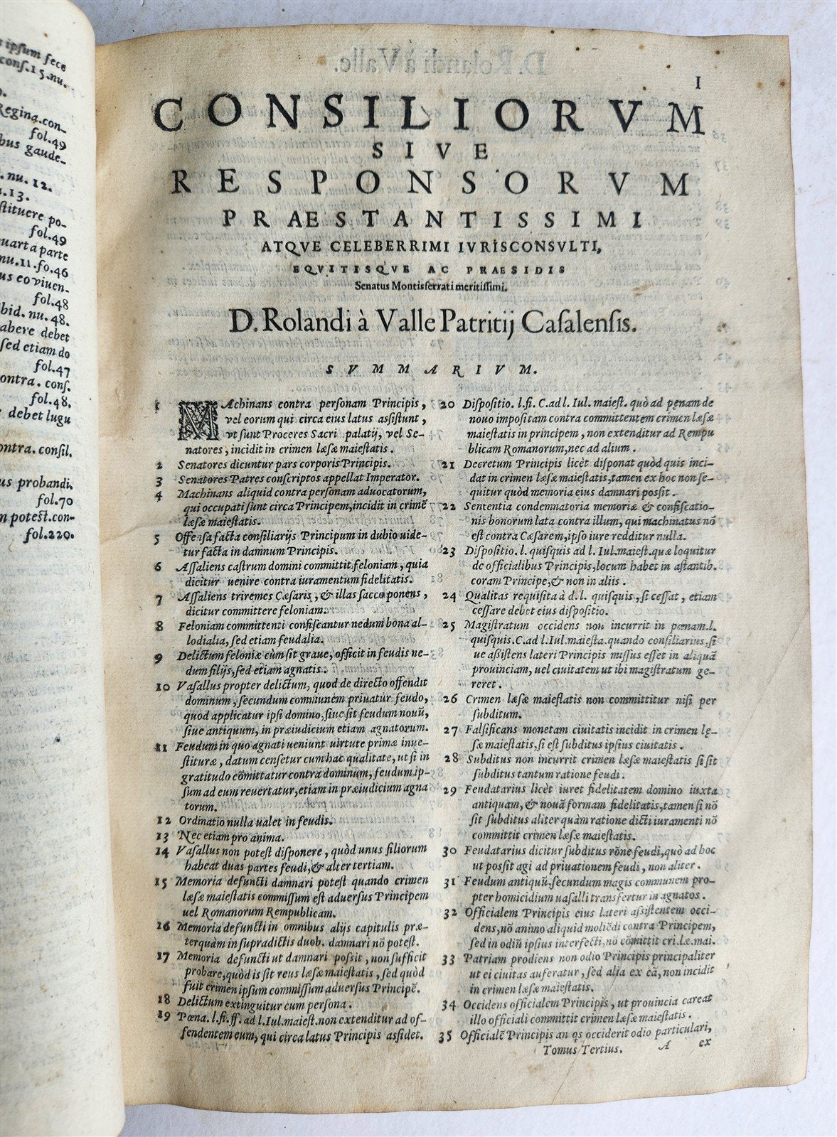 1570 LAW BOOK CONSILIORUM sev mavis RESPONSORUM ROLANDI A VALLE antique FOLIO
