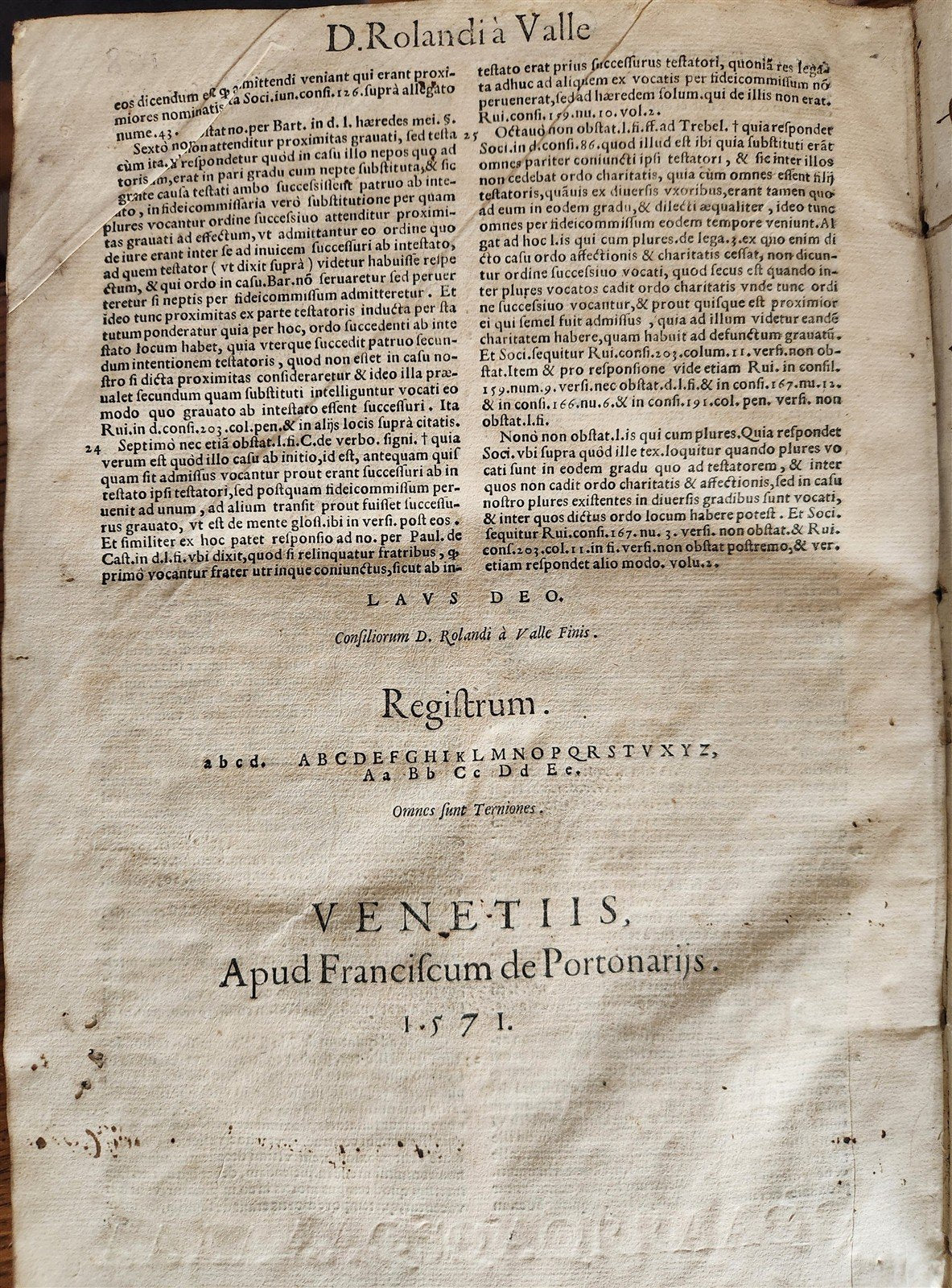 1571 LAW BOOK ROLANDO DALLA VALLE LEGAL ADVICES antique FOLIO