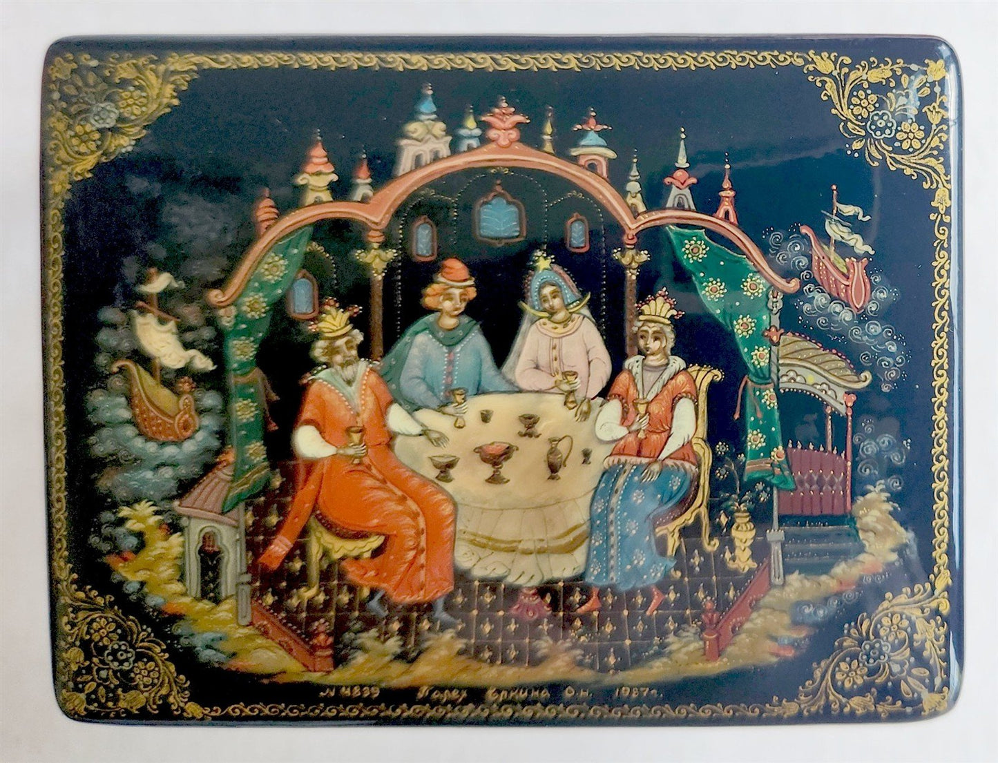 RUSSIAN PALEKH SCHOOL 1987 5 SIDES LACQUER BOX TSAR SALTAN vintage SIGNED