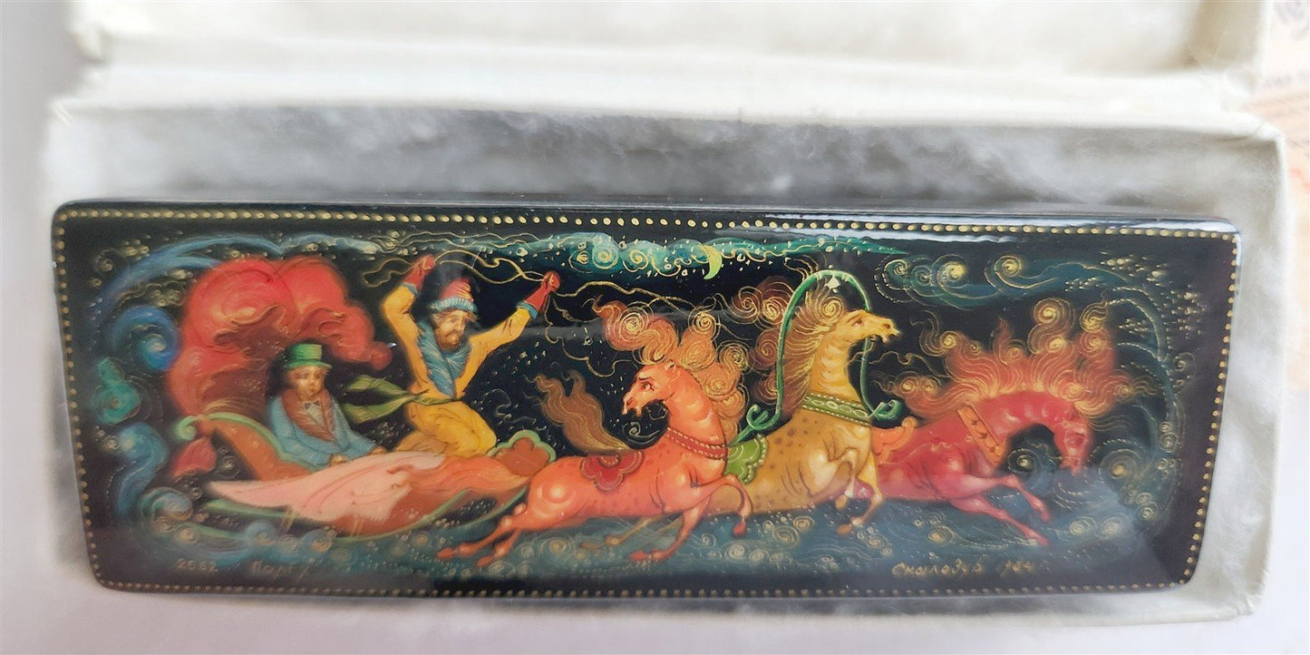 RUSSIAN PALEKH SCHOOL 1984 HAND PAINTED LACQUER BOX TROIKA vintage ARTIST SIGNED
