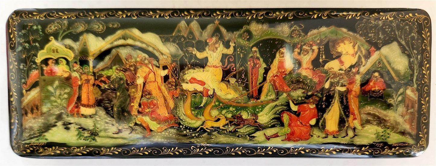 RUSSIAN PALEKH SCHOOL 1980s HANDPAINTED LACQUER BOX EMELYA vintage ARTIST SIGNED