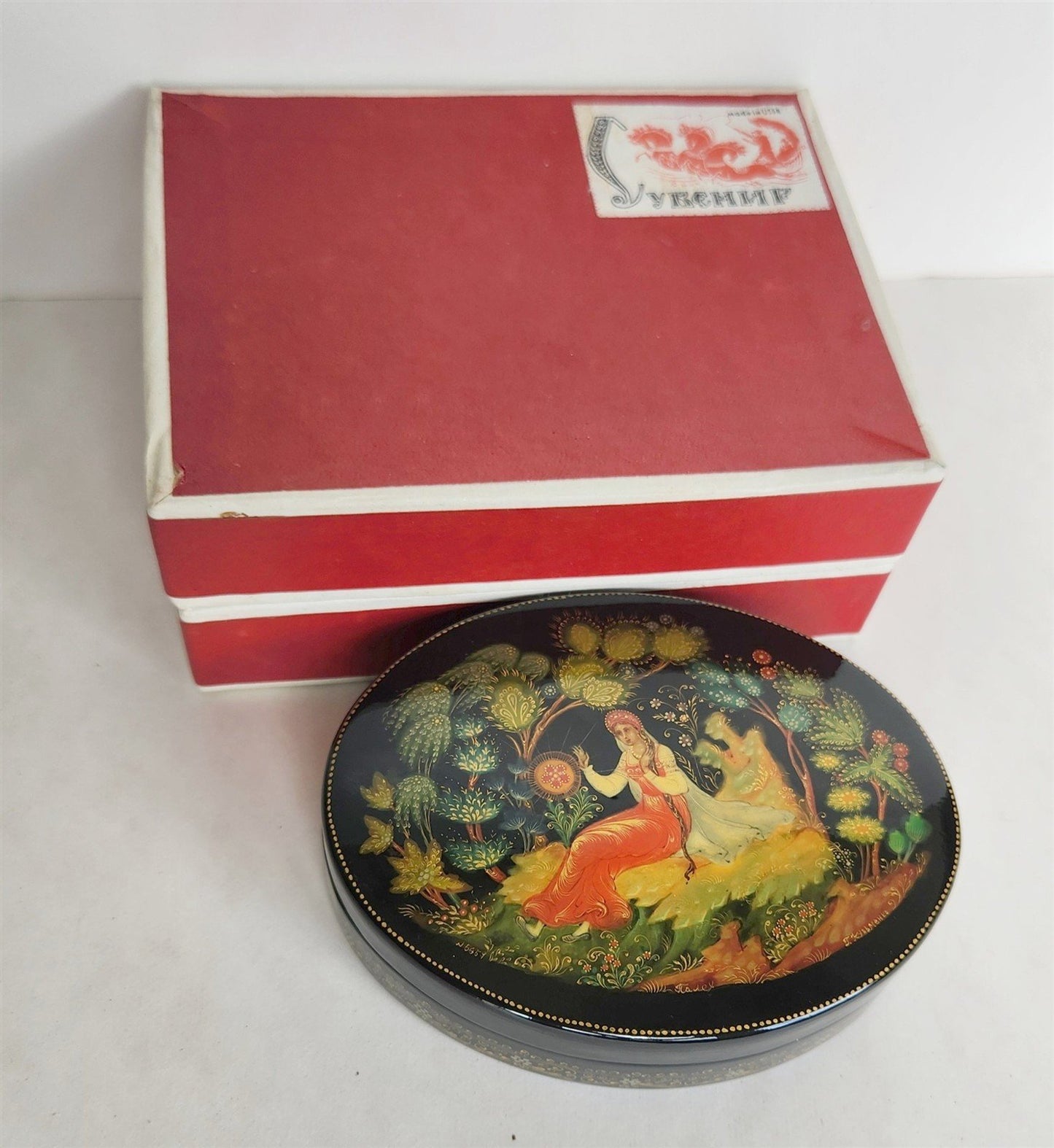 RUSSIAN PALEKH SCHOOL 1980 HANDPAINTED LACQUER BOX SCARLET FLOWER vintage SIGNED