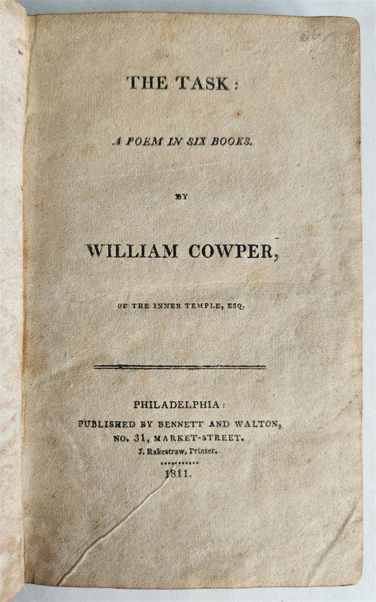 1811 THE TASK POEM by WILLIAM COWPER antique PHILADELPHIA Americana