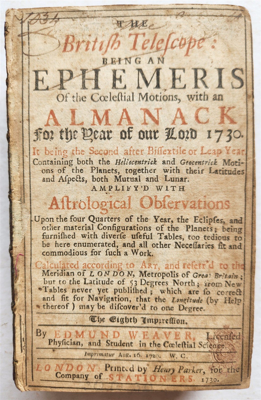 1730-38 ALMANACK BRITISH TELESCOPE Ephemeris antique ASTROLOGY ASTRONOMY English