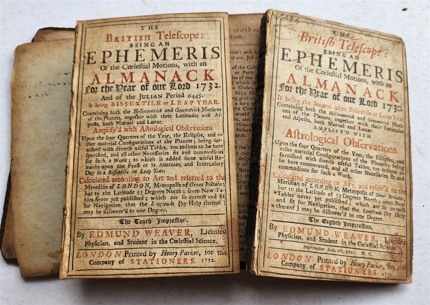 1730-38 ALMANACK BRITISH TELESCOPE Ephemeris antique ASTROLOGY ASTRONOMY English