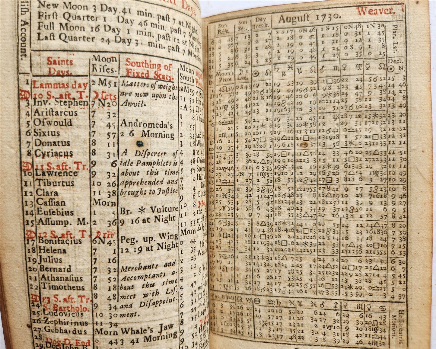 1730-38 ALMANACK BRITISH TELESCOPE Ephemeris antique ASTROLOGY ASTRONOMY English
