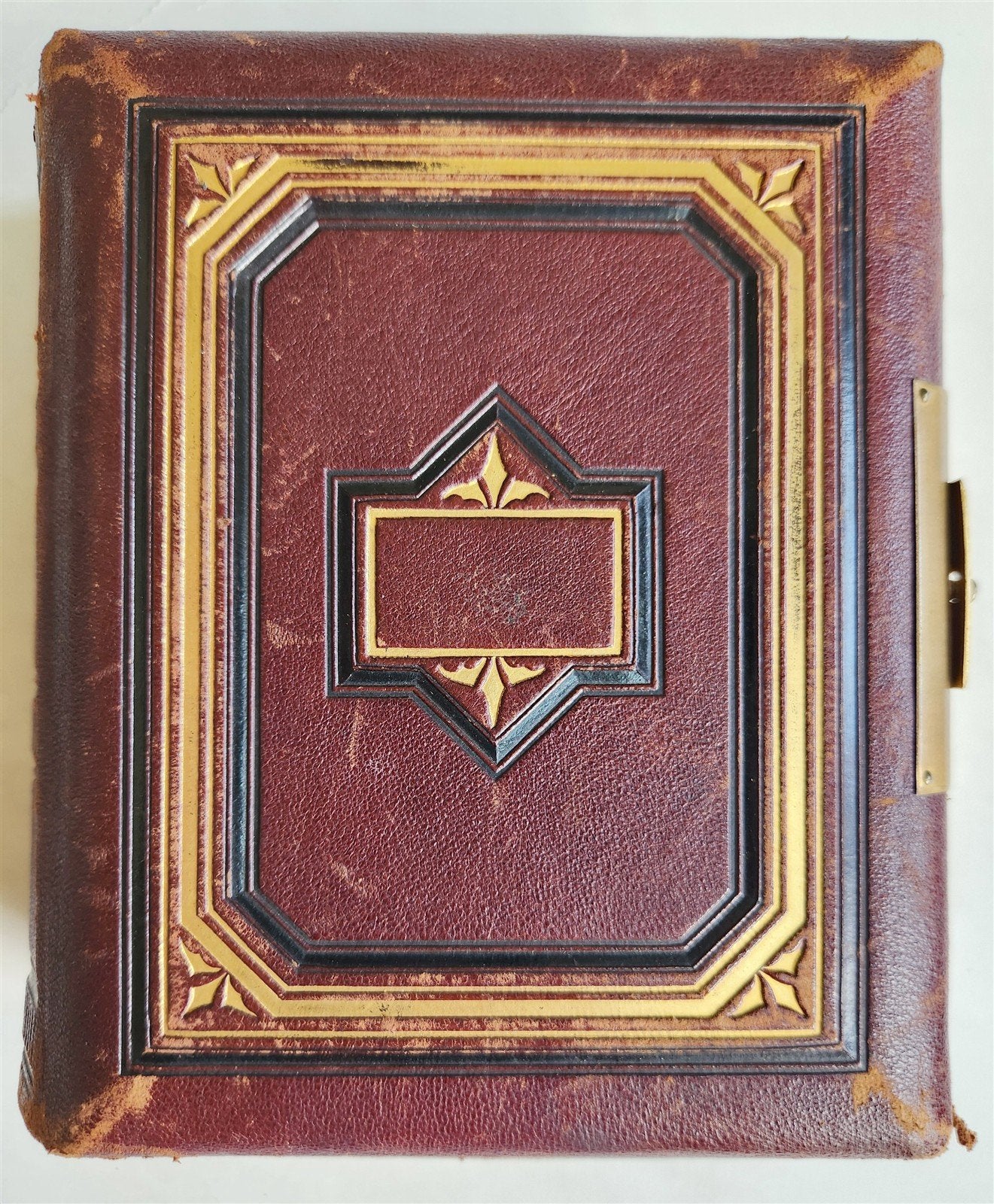 1870s PHOTO ALBUM w/ BRASS CLASP antique DECORATIVE LEAVES w/ FLOWER DESIGN