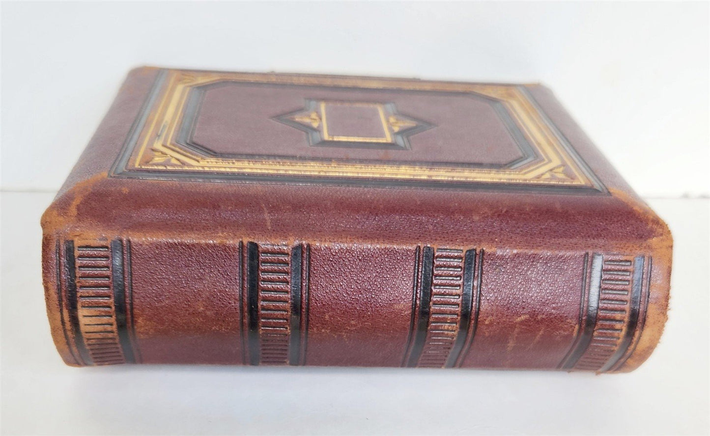 1870s PHOTO ALBUM w/ BRASS CLASP antique DECORATIVE LEAVES w/ FLOWER DESIGN