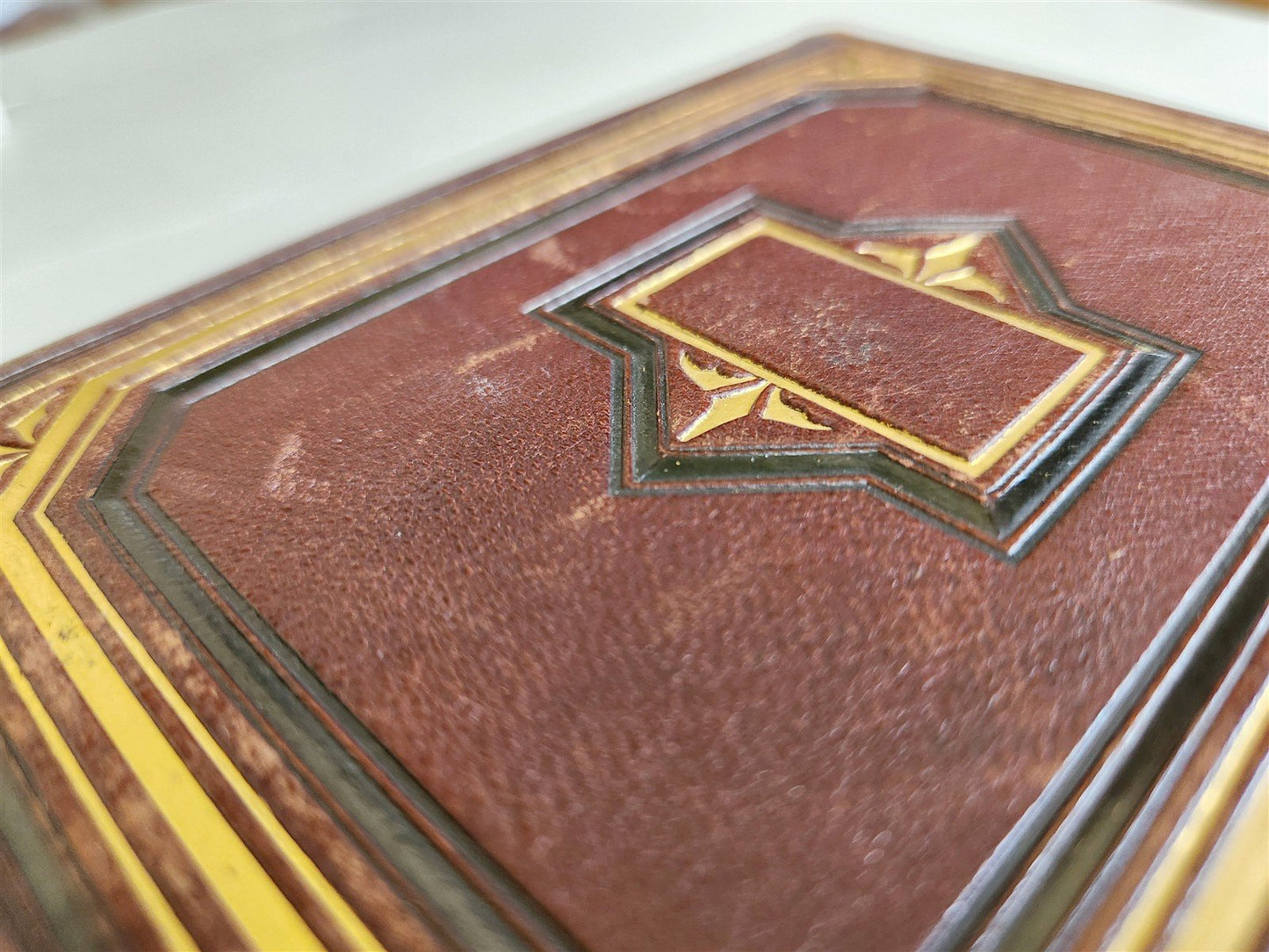 1870s PHOTO ALBUM w/ BRASS CLASP antique DECORATIVE LEAVES w/ FLOWER DESIGN