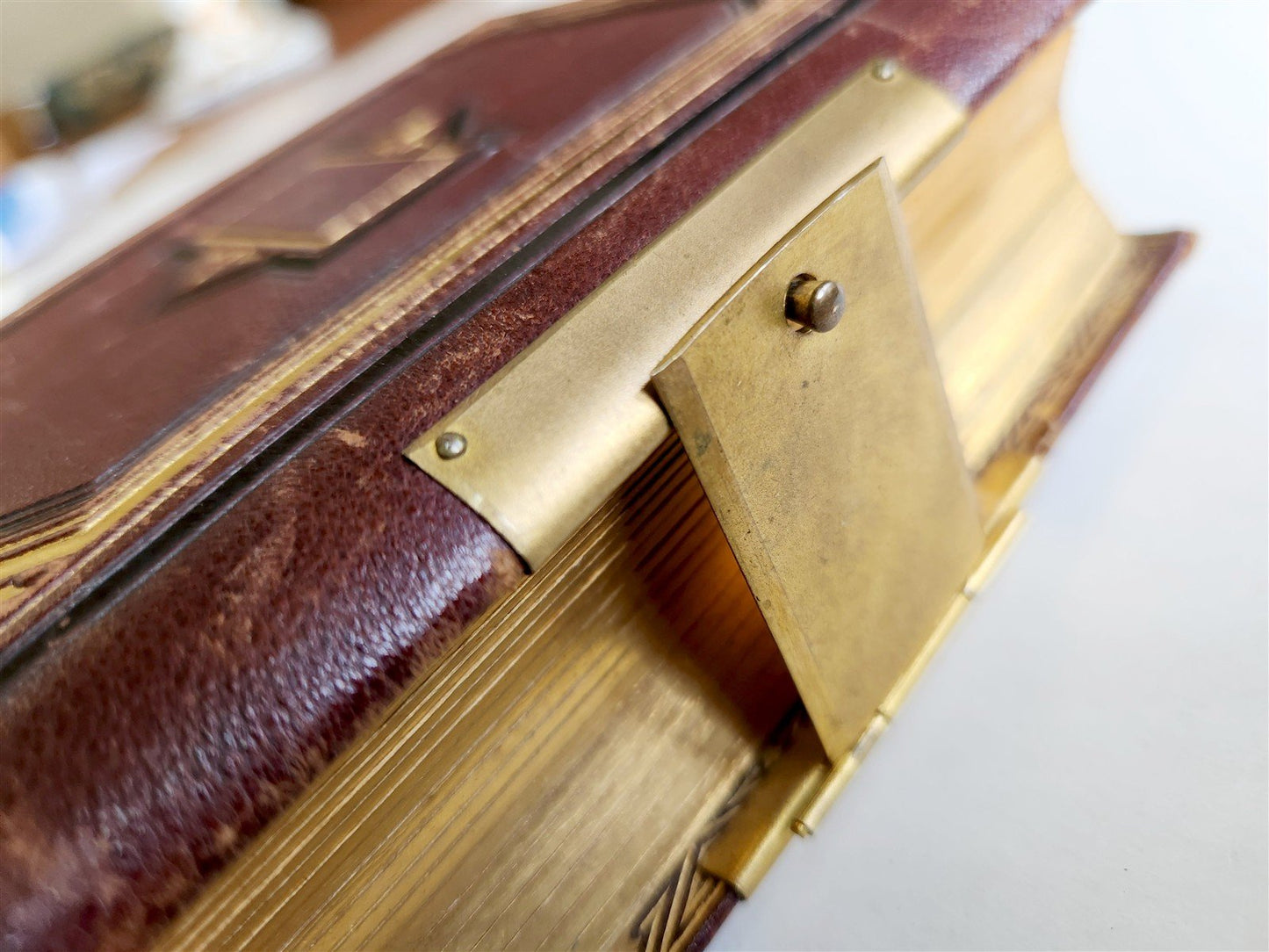 1870s PHOTO ALBUM w/ BRASS CLASP antique DECORATIVE LEAVES w/ FLOWER DESIGN