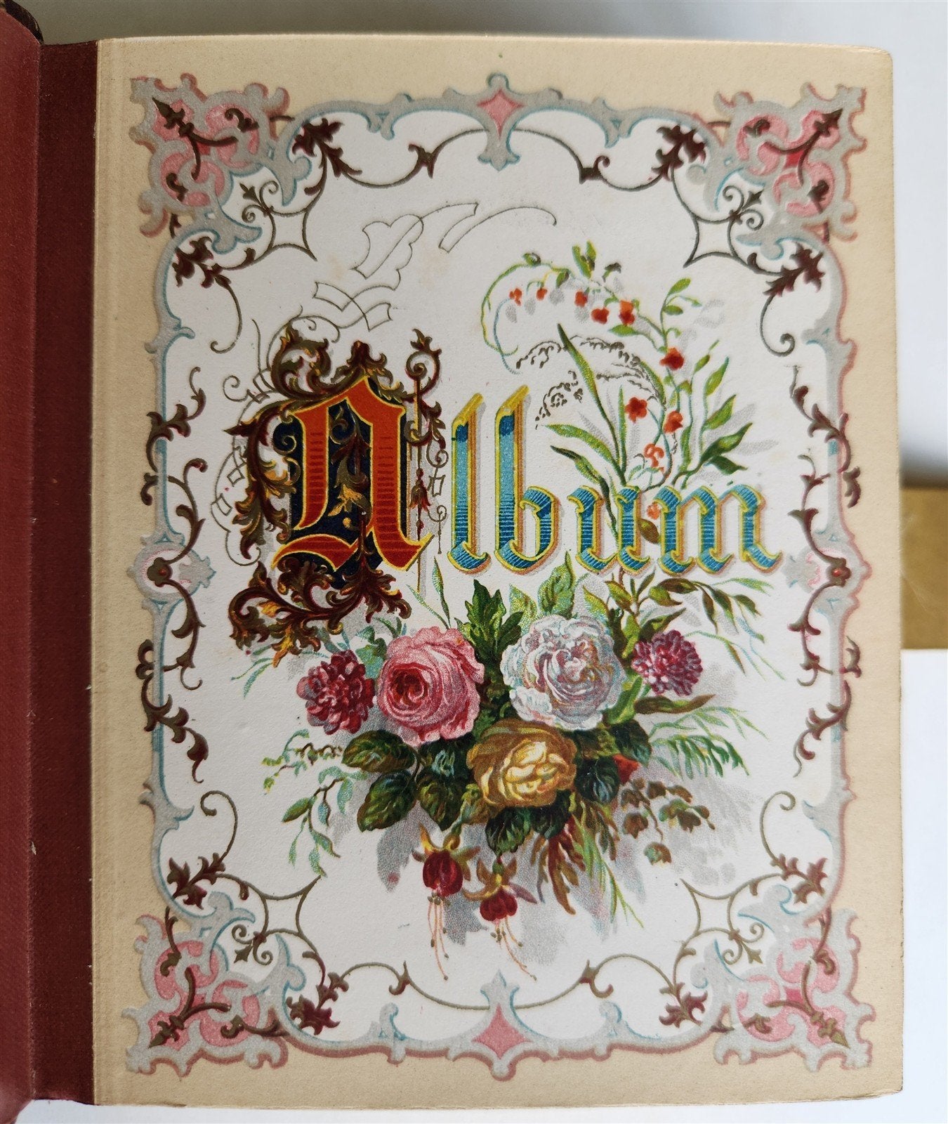 1870s PHOTO ALBUM w/ BRASS CLASP antique DECORATIVE LEAVES w/ FLOWER DESIGN