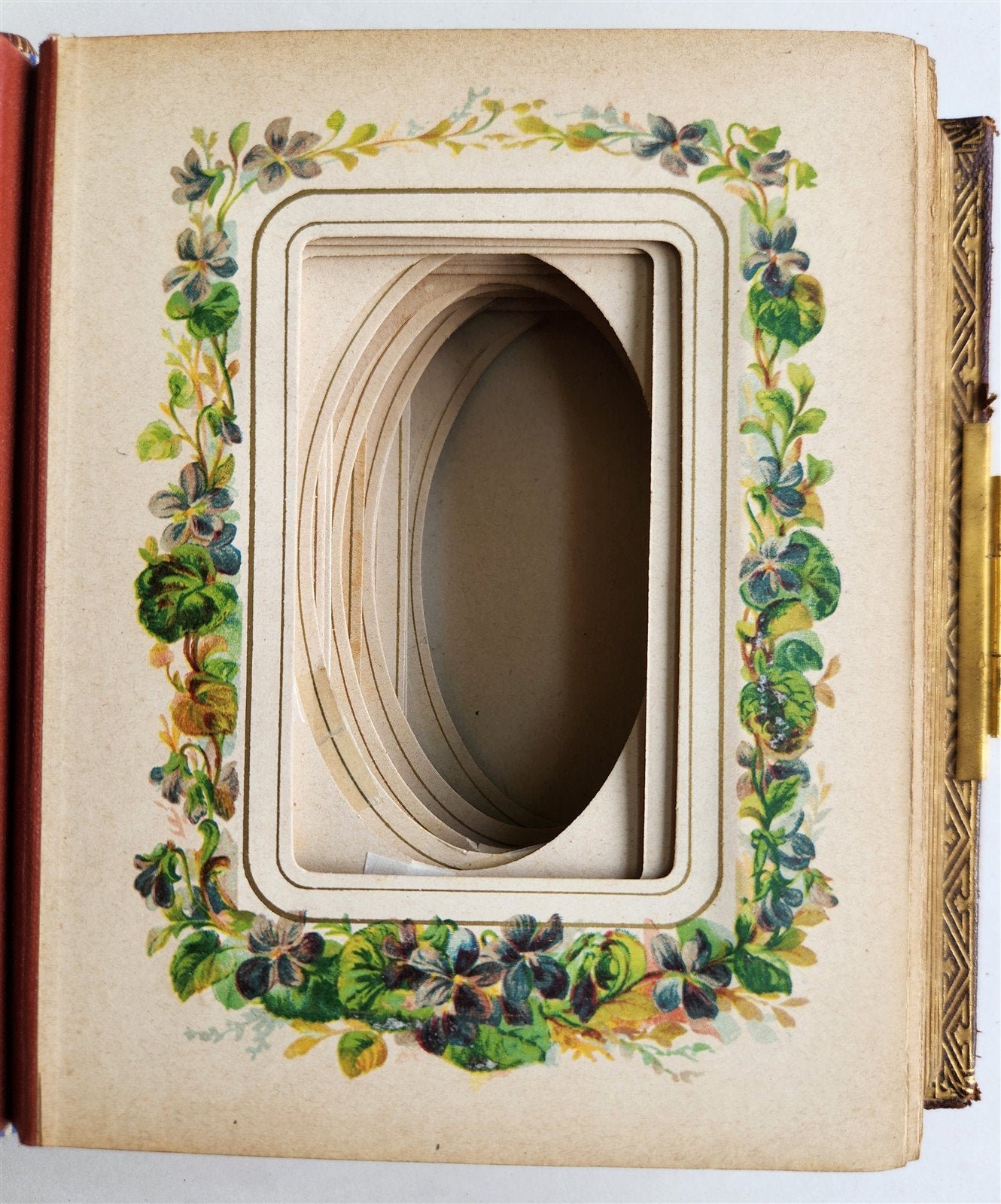1870s PHOTO ALBUM w/ BRASS CLASP antique DECORATIVE LEAVES w/ FLOWER DESIGN