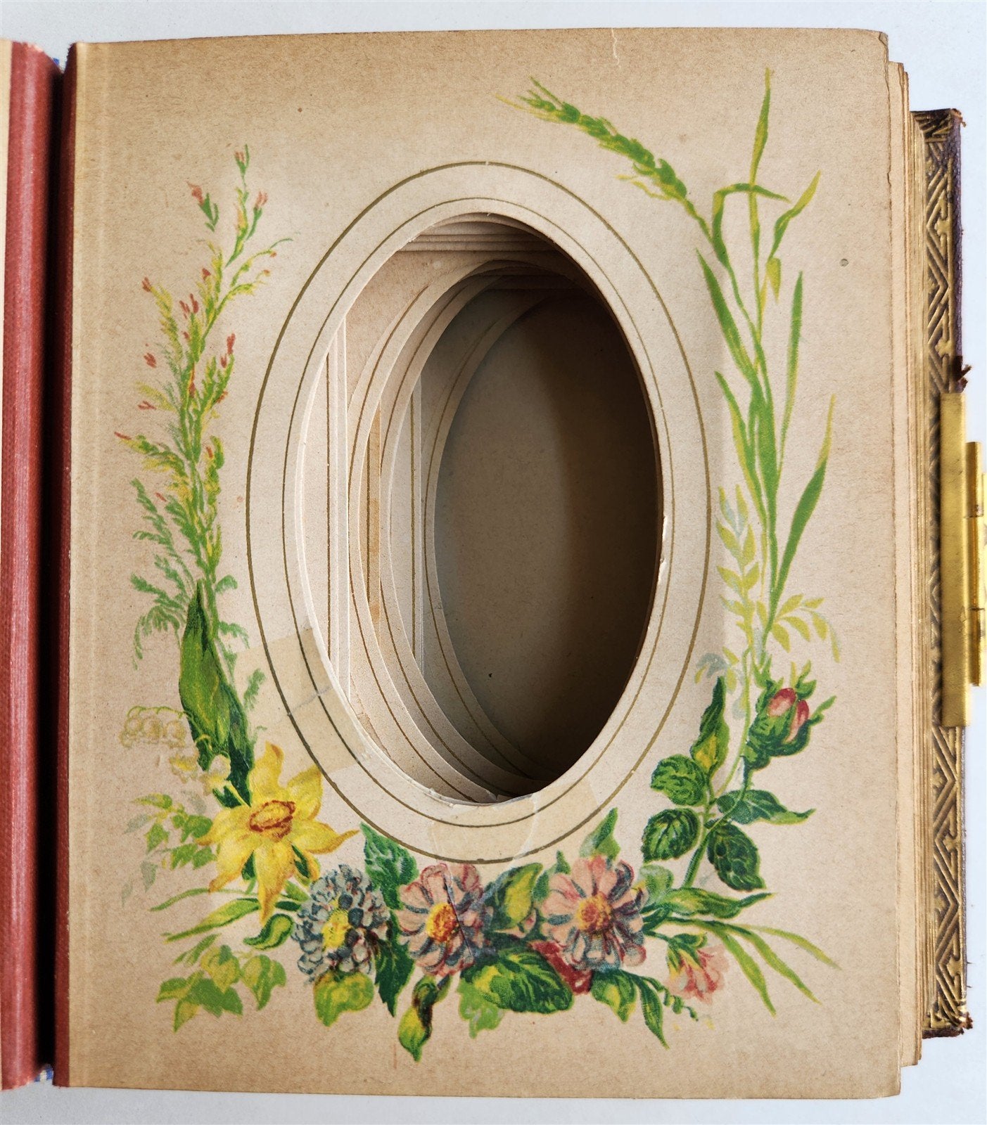 1870s PHOTO ALBUM w/ BRASS CLASP antique DECORATIVE LEAVES w/ FLOWER DESIGN