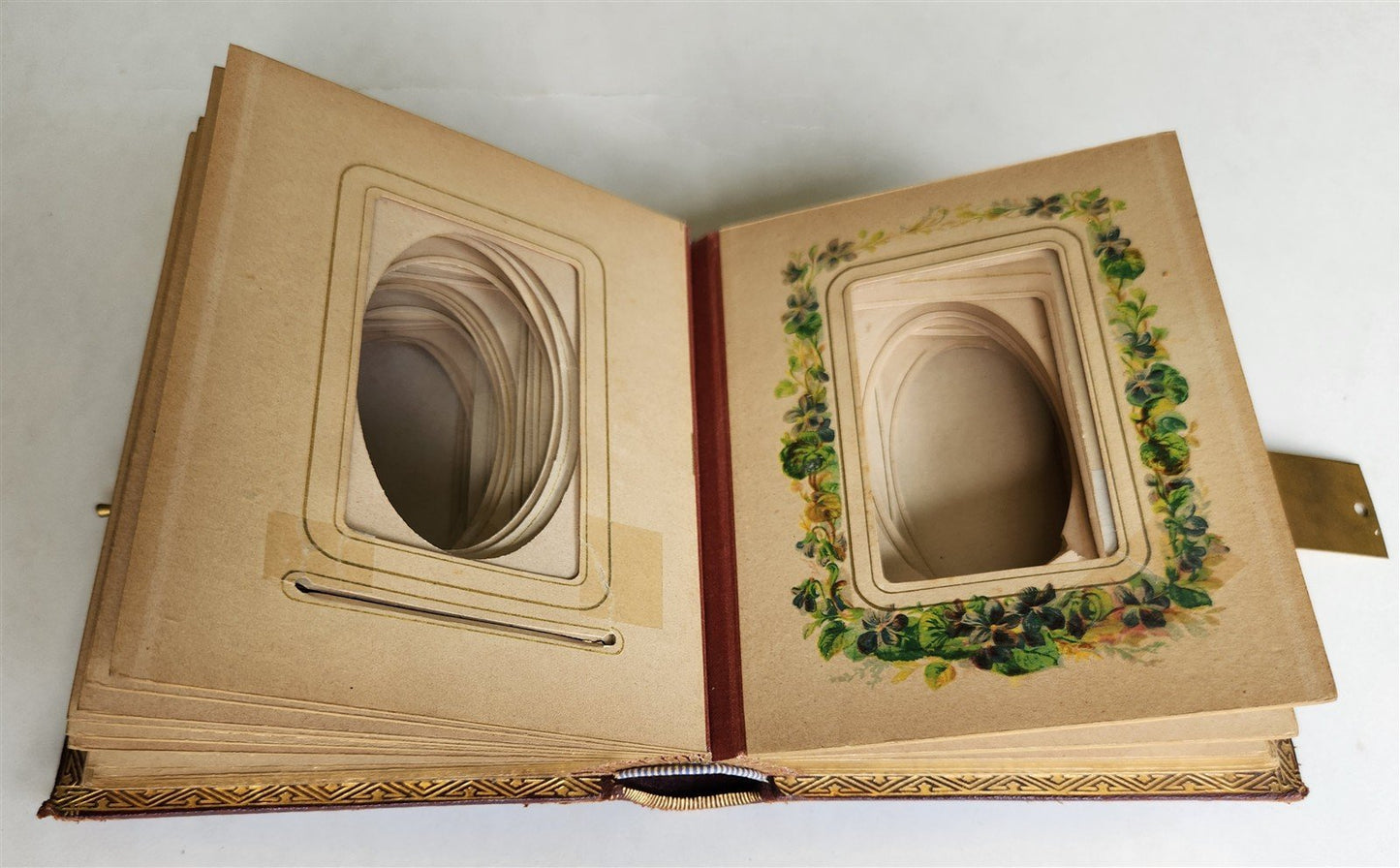 1870s PHOTO ALBUM w/ BRASS CLASP antique DECORATIVE LEAVES w/ FLOWER DESIGN
