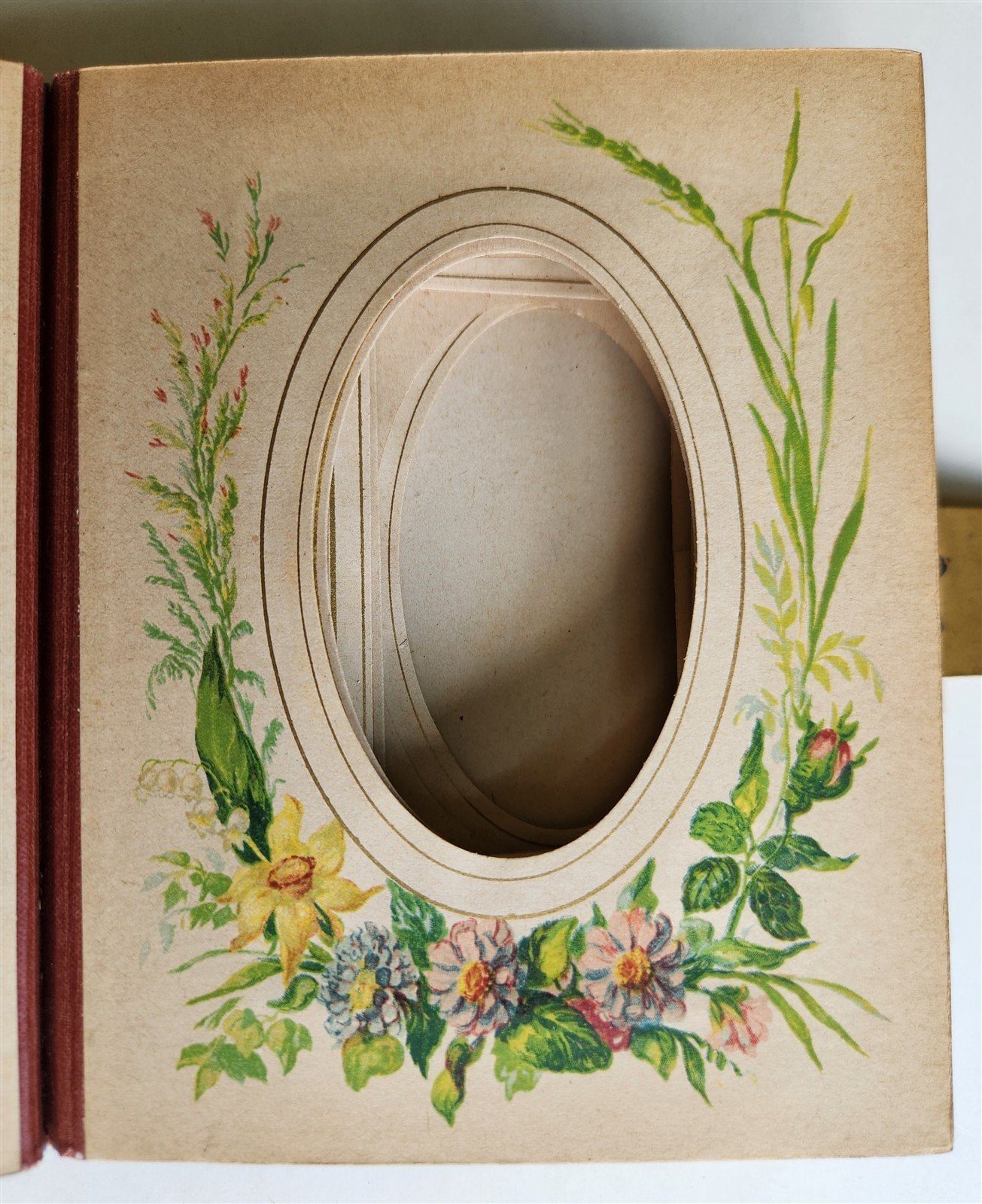 1870s PHOTO ALBUM w/ BRASS CLASP antique DECORATIVE LEAVES w/ FLOWER DESIGN