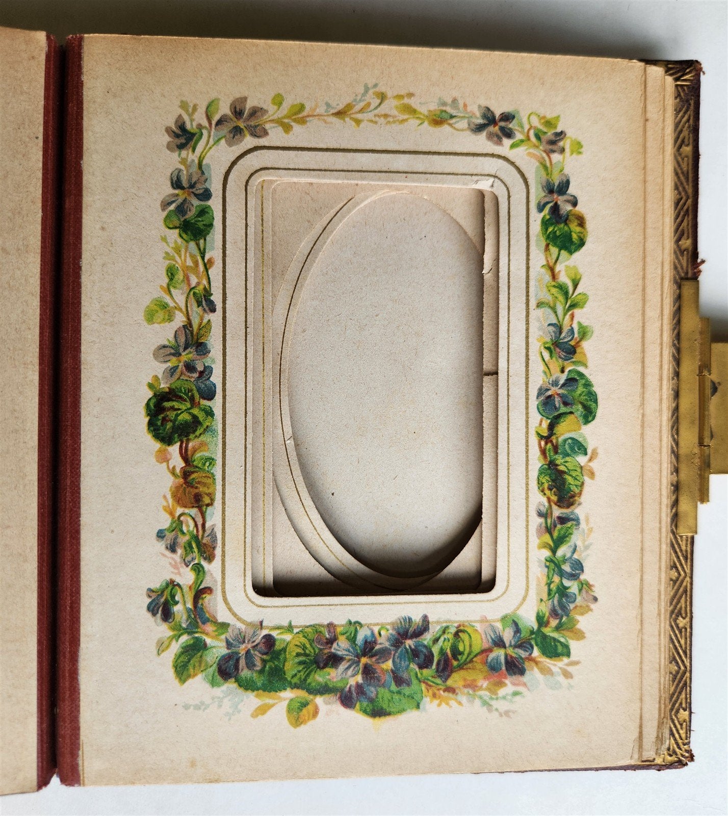 1870s PHOTO ALBUM w/ BRASS CLASP antique DECORATIVE LEAVES w/ FLOWER DESIGN