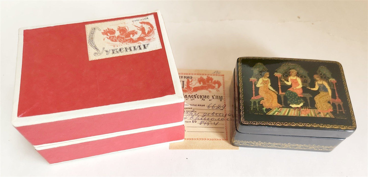 RUSSIAN PALEKH SCHOOL 1984 HAND PAINTED LACQUER BOX THREE GIRLS vintage SIGNED