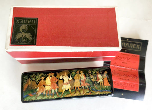 RUSSIAN PALEKH SCHOOL 1987 HANDPAINTED LACQUER BOX VILLAGE FEAST vintage SIGNED
