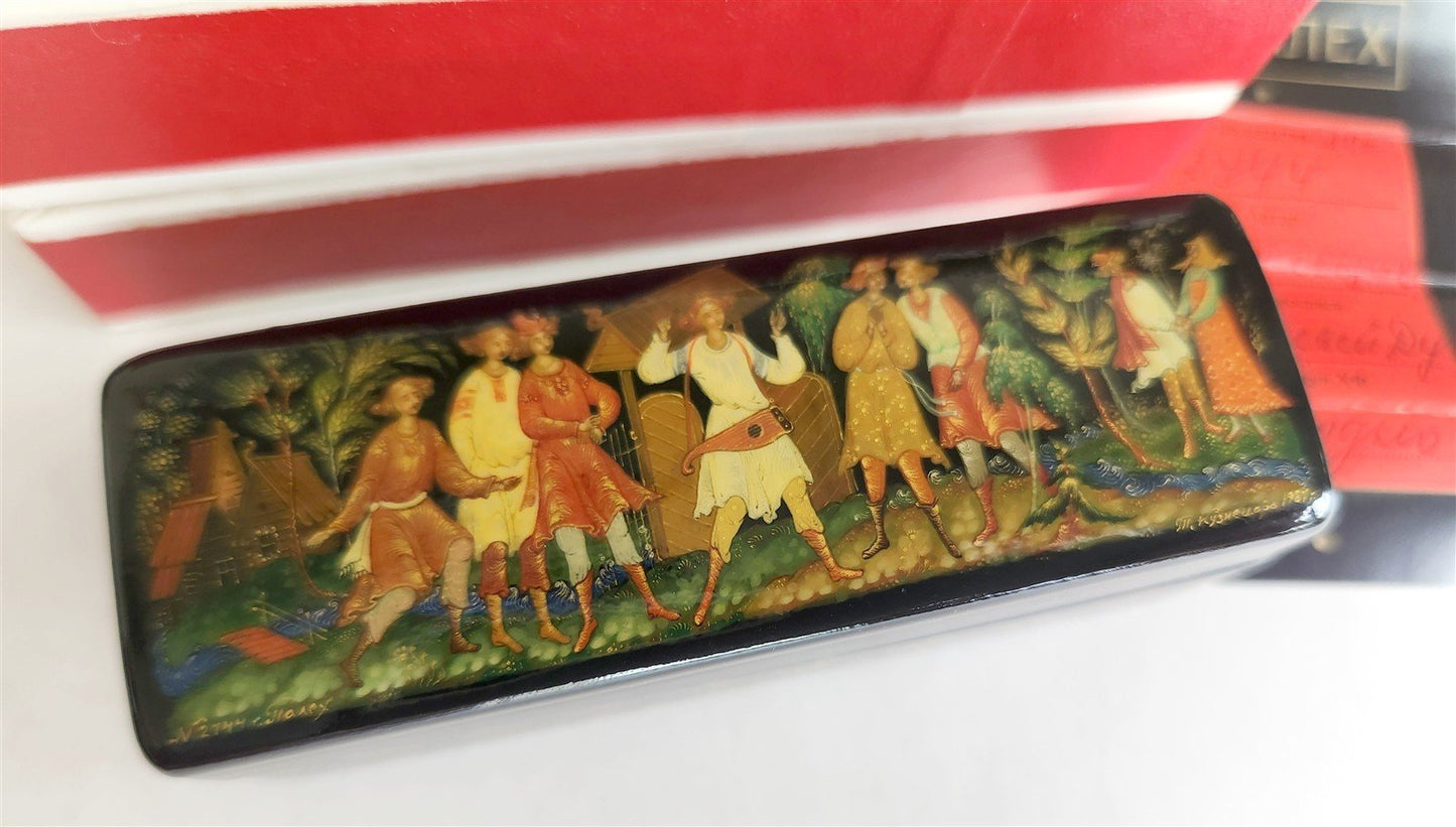 RUSSIAN PALEKH SCHOOL 1987 HANDPAINTED LACQUER BOX VILLAGE FEAST vintage SIGNED
