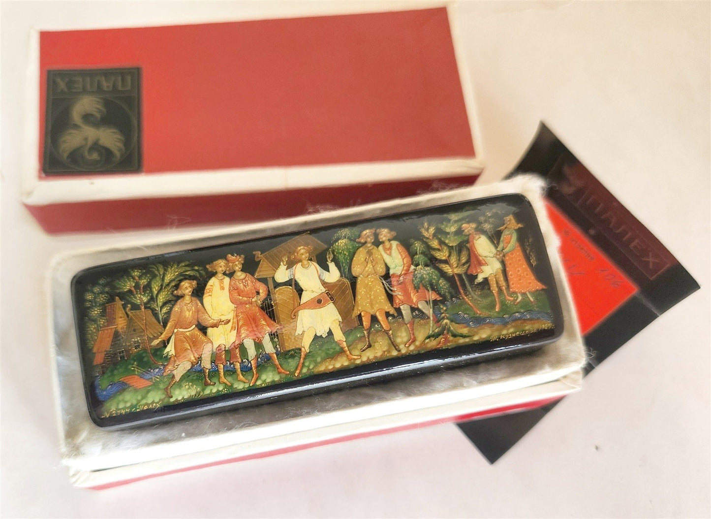RUSSIAN PALEKH SCHOOL 1987 HANDPAINTED LACQUER BOX VILLAGE FEAST vintage SIGNED