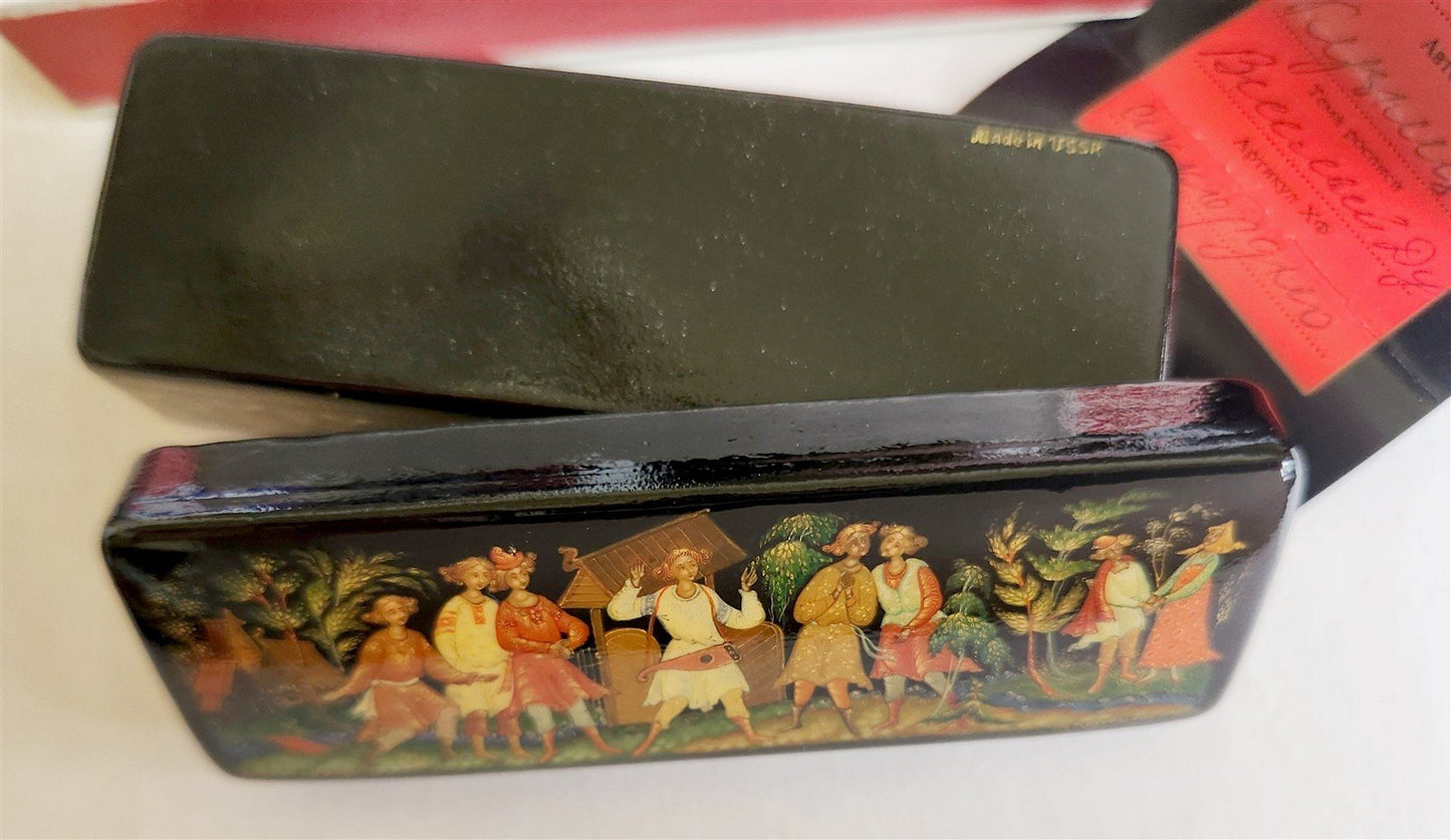 RUSSIAN PALEKH SCHOOL 1987 HANDPAINTED LACQUER BOX VILLAGE FEAST vintage SIGNED