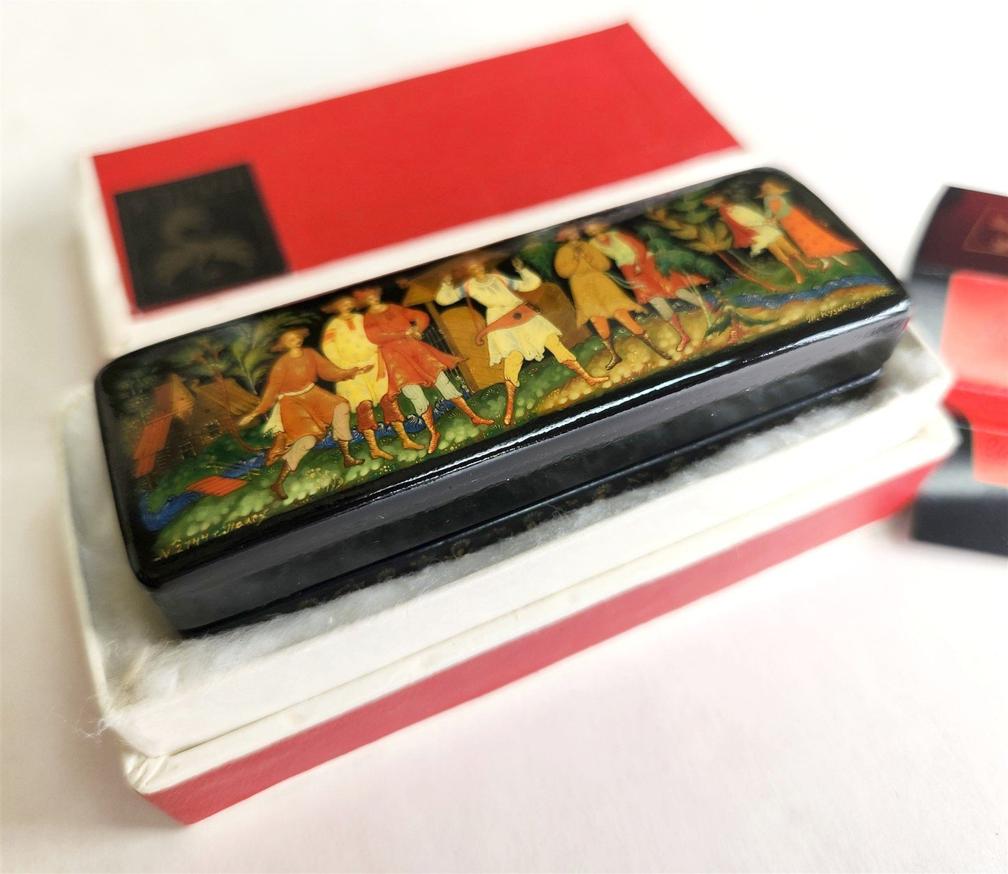RUSSIAN PALEKH SCHOOL 1987 HANDPAINTED LACQUER BOX VILLAGE FEAST vintage SIGNED