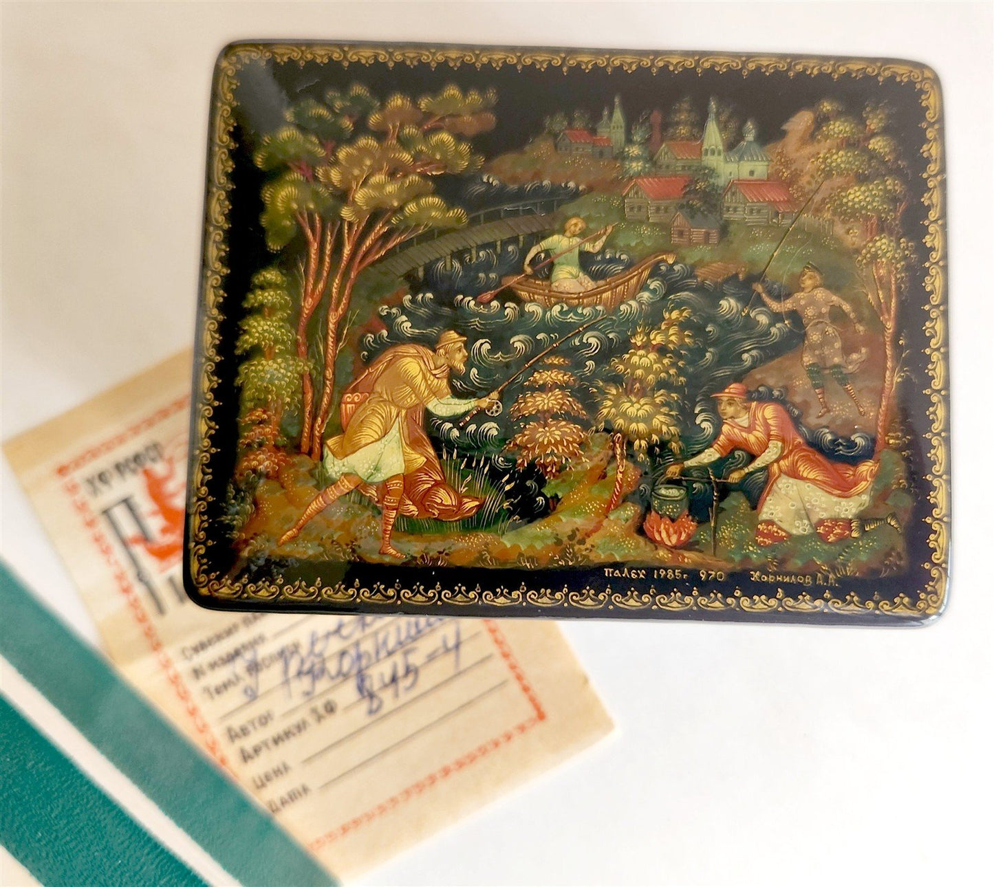 RUSSIAN PALEKH SCHOOL 1985 HAND PAINTED LACQUER BOX AT THE RIVER vintage SIGNED