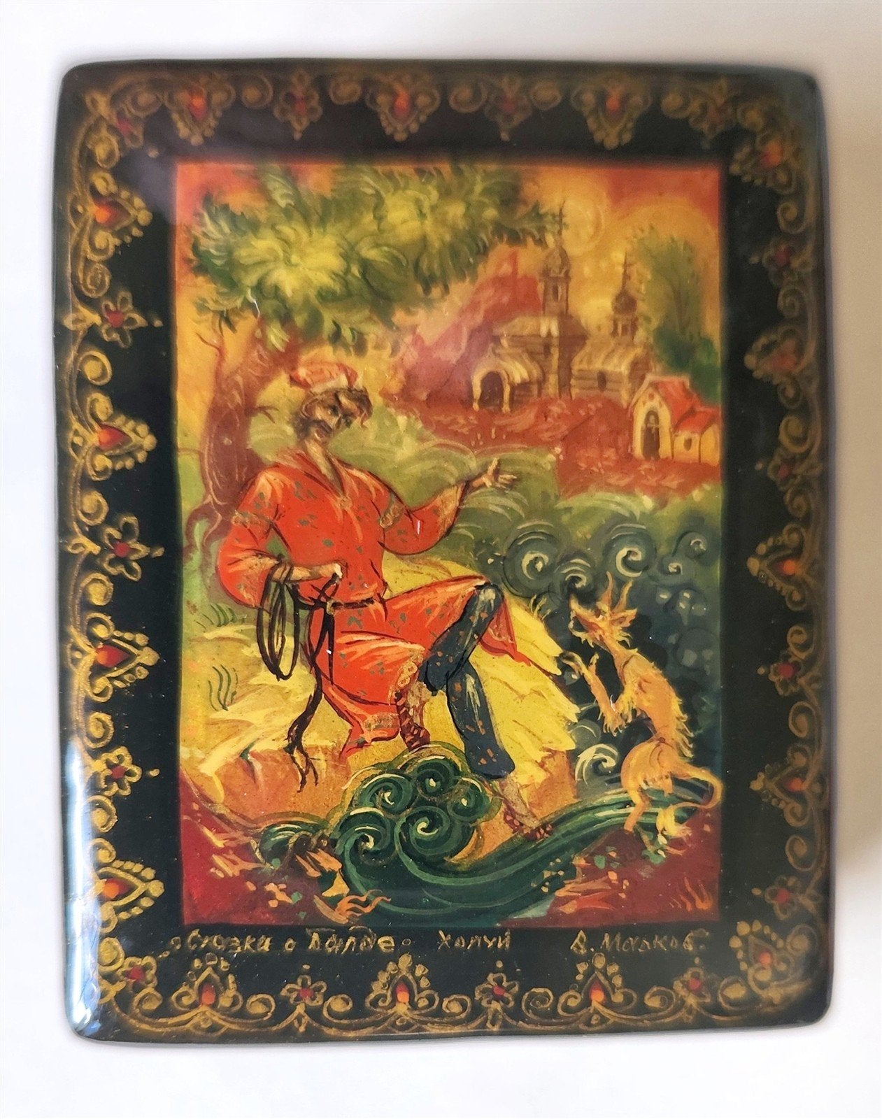 RUSSIAN HAND PAINTED LACQUER BOX BALDA & DEVIL