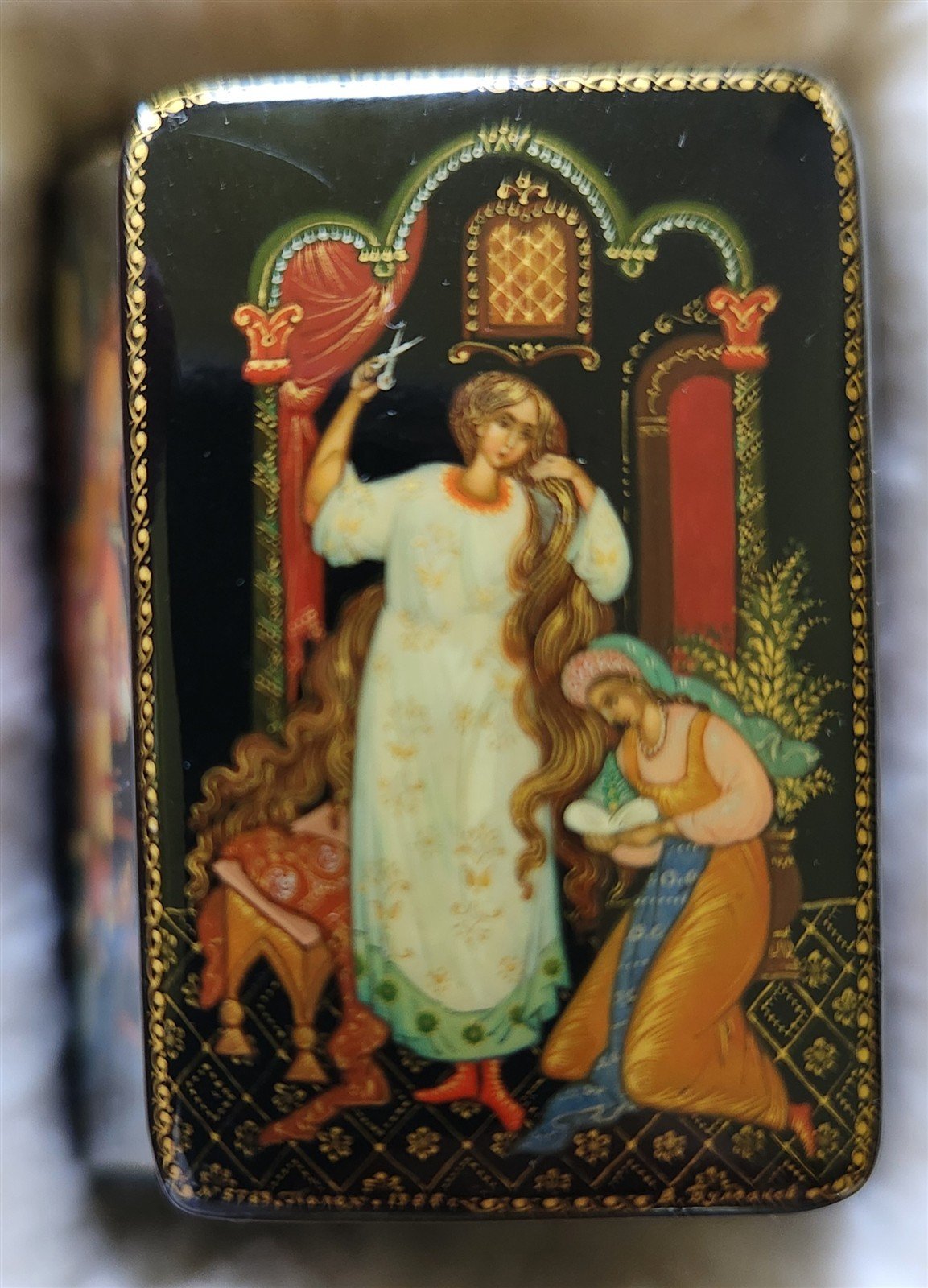 RUSSIAN PALEKH SCHOOL 1980s PAINTED on FIVE SIDES LACQUER BOX vintage ALENUSHKA