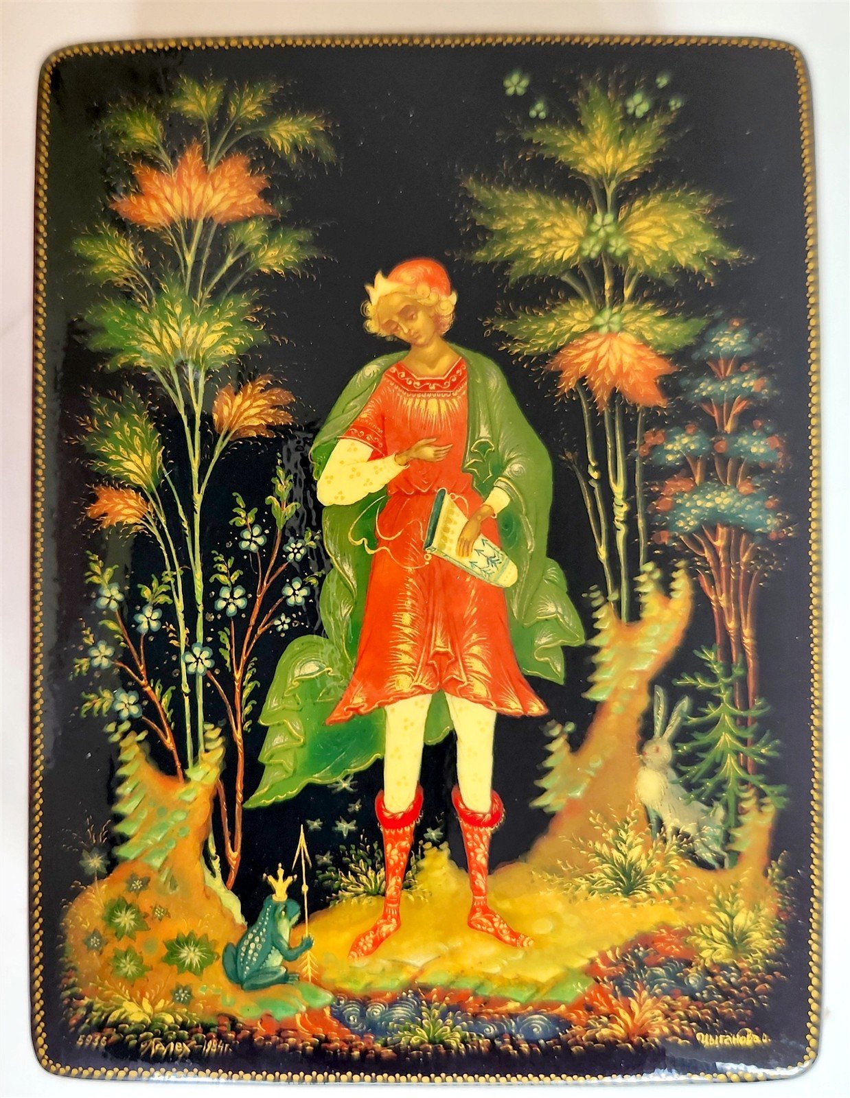 RUSSIAN PALEKH SCHOOL 1984 HAND PAINTED SIGNED LACQUER BOX vintage FROG PRINCESS