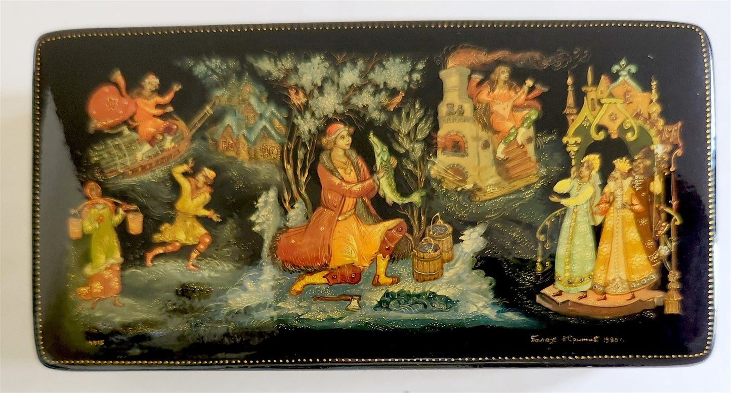 RUSSIAN PALEKH SCHOOL HANDPAINTED SIGNED LACQUER BOX vintage EMELYA & MAGIC FISH