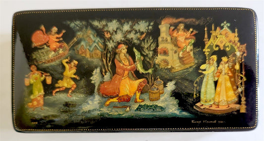 RUSSIAN PALEKH SCHOOL HANDPAINTED SIGNED LACQUER BOX vintage EMELYA & MAGIC FISH