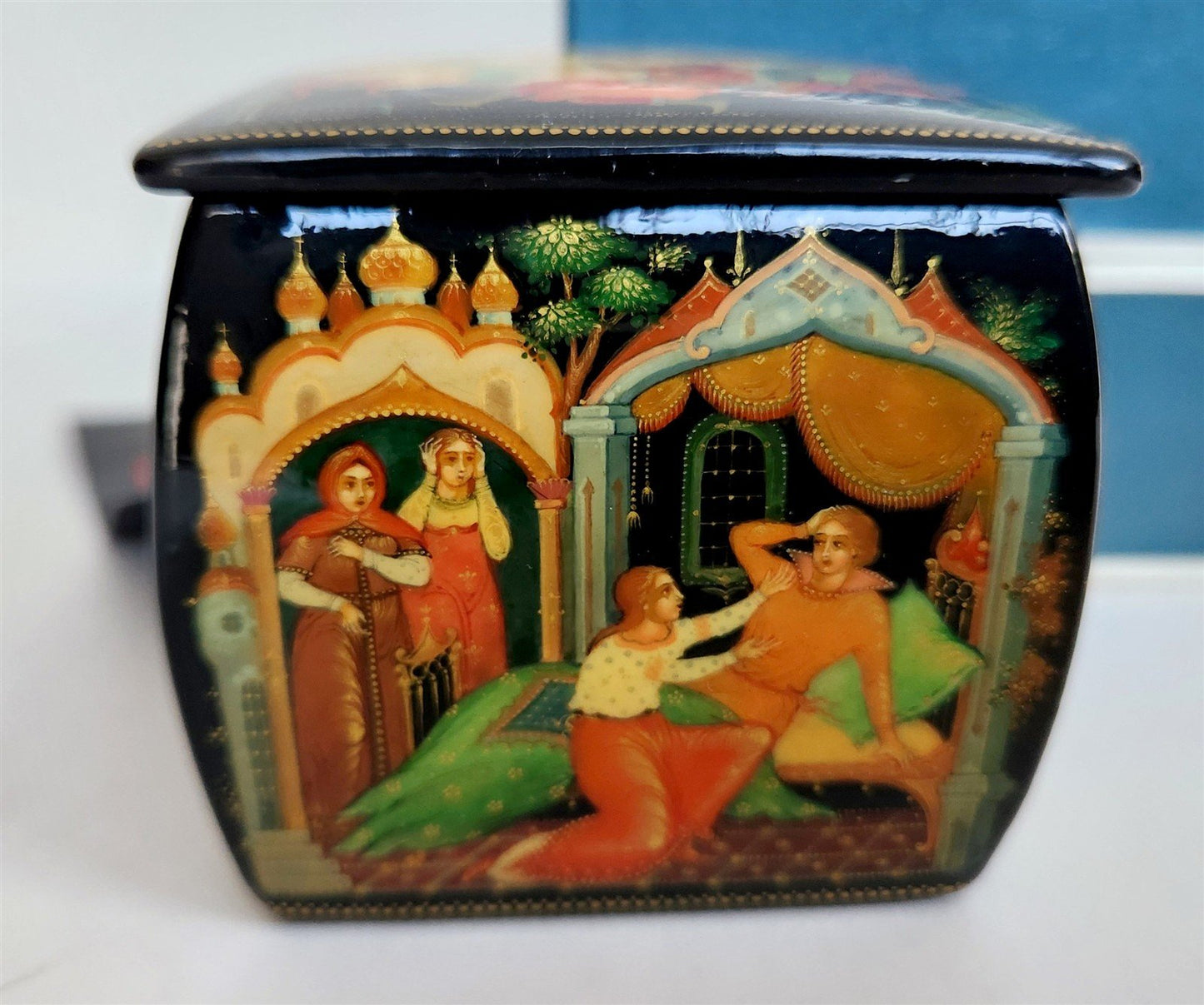 RUSSIAN PALEKH SCHOOL all sides PAINTED LACQUER BOX vintage FINIST BRIGHT FALCON