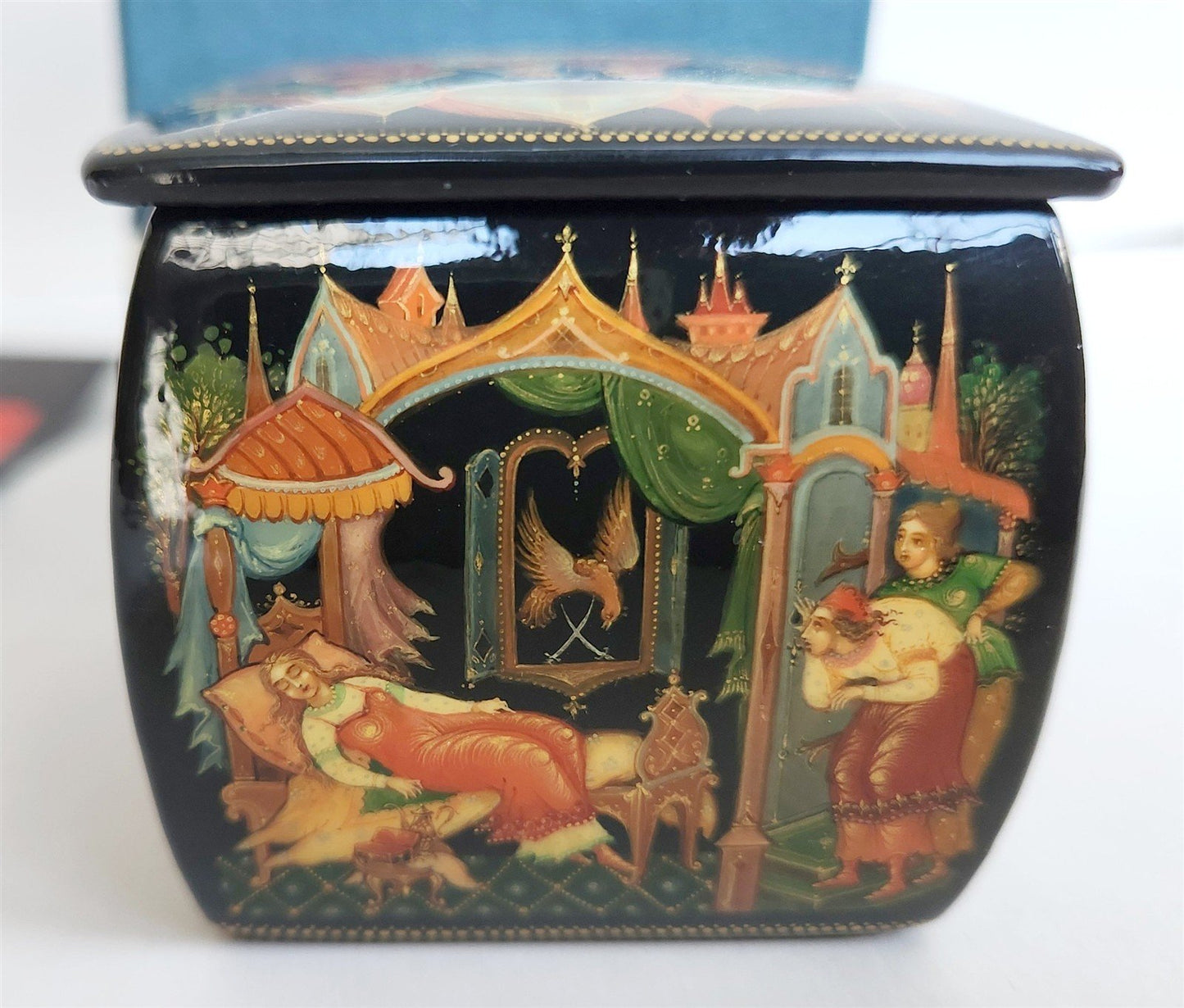 RUSSIAN PALEKH SCHOOL all sides PAINTED LACQUER BOX vintage FINIST BRIGHT FALCON