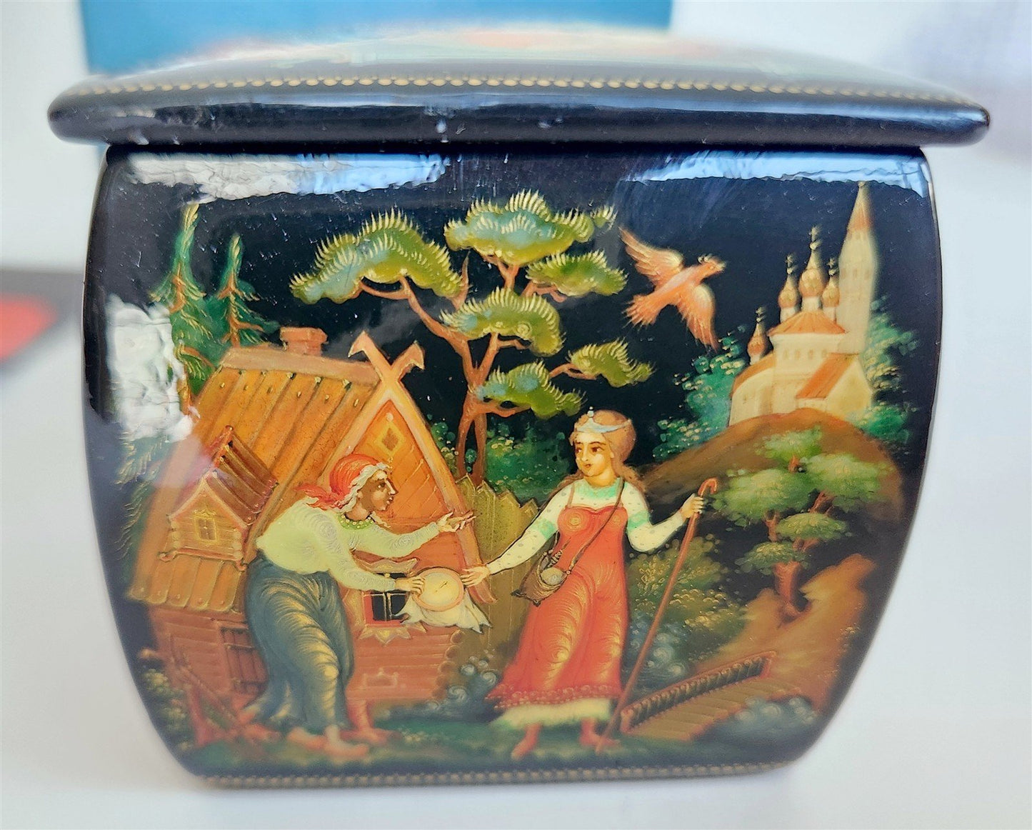 RUSSIAN PALEKH SCHOOL all sides PAINTED LACQUER BOX vintage FINIST BRIGHT FALCON