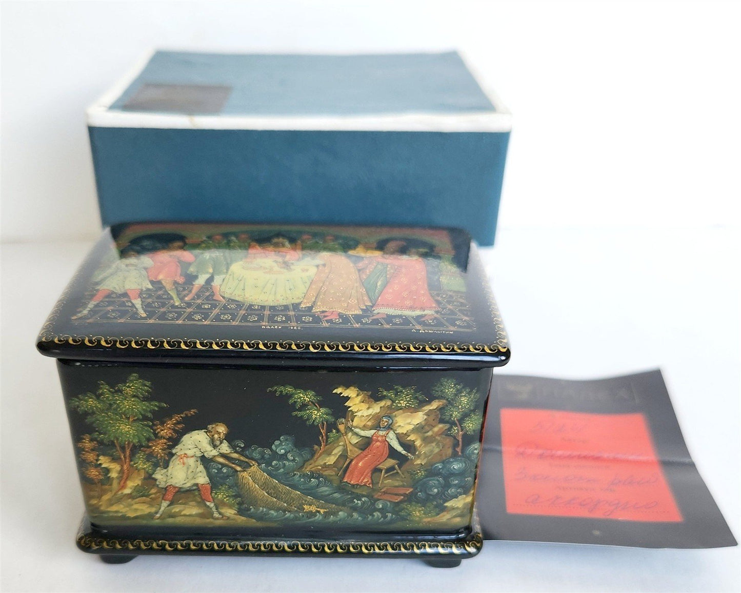 RUSSIAN PALEKH SCHOOL all sides PAINTED LACQUER BOX vintage TALE of GOLDEN FISH