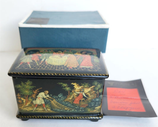 RUSSIAN PALEKH SCHOOL all sides PAINTED LACQUER BOX vintage TALE of GOLDEN FISH