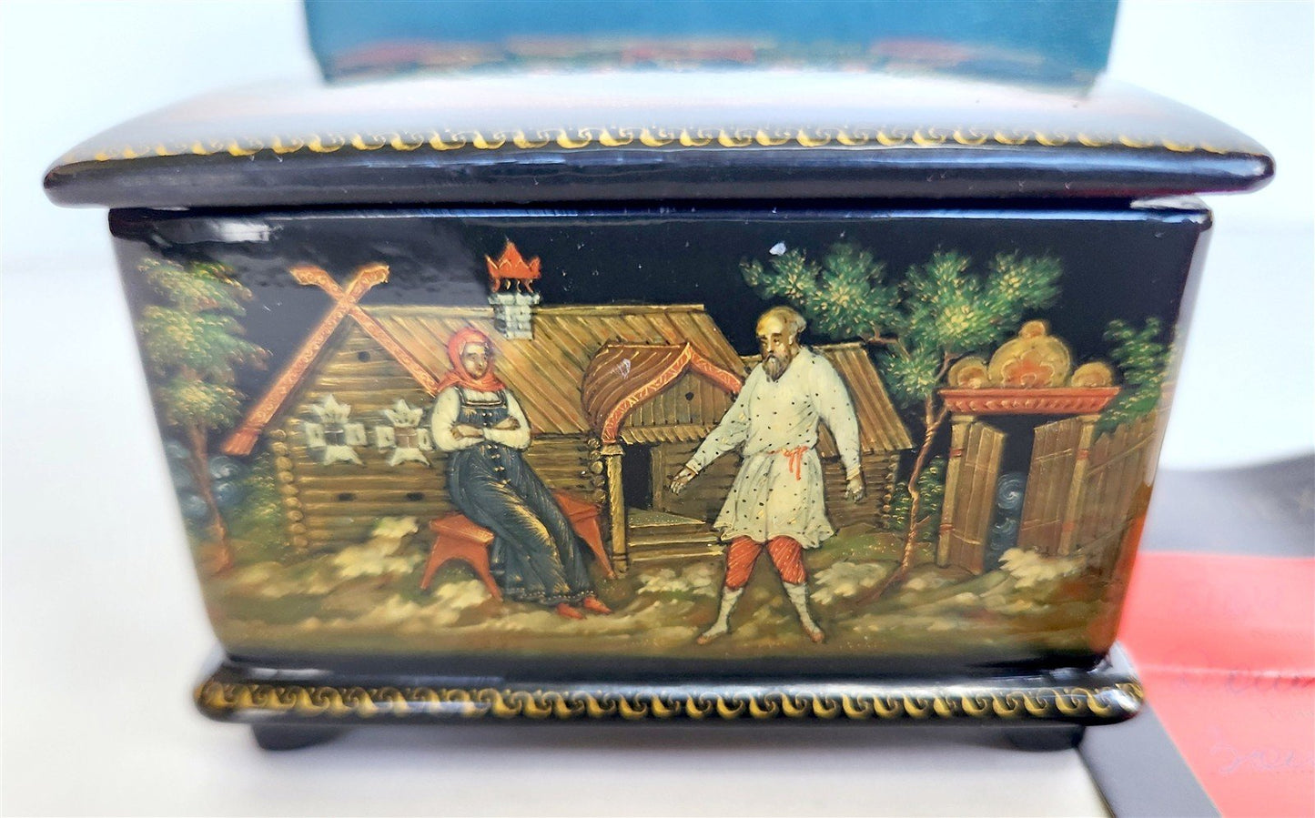 RUSSIAN PALEKH SCHOOL all sides PAINTED LACQUER BOX vintage TALE of GOLDEN FISH
