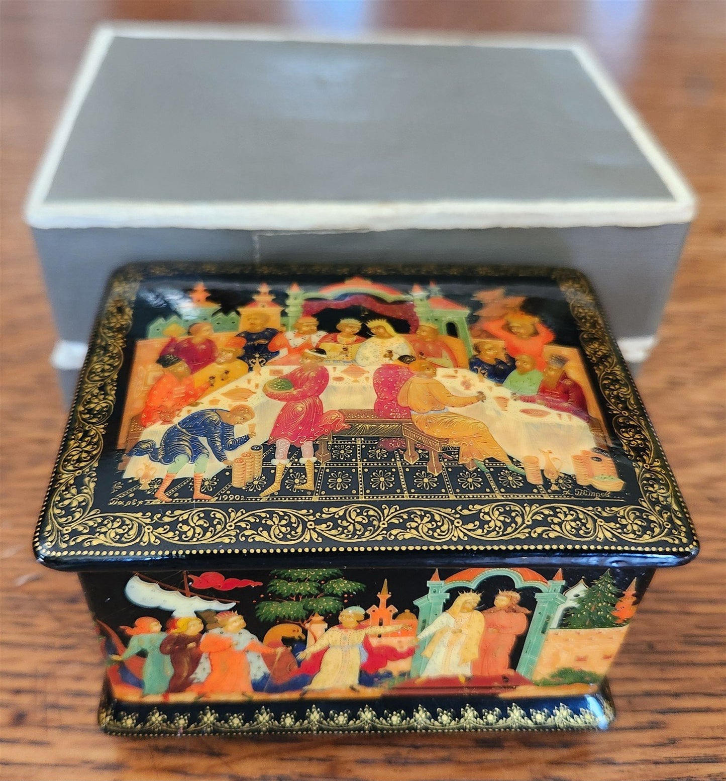 RUSSIAN PALEKH SCHOOL 1990 all sides PAINTED LACQUER BOX vintage HIGH QUALITY