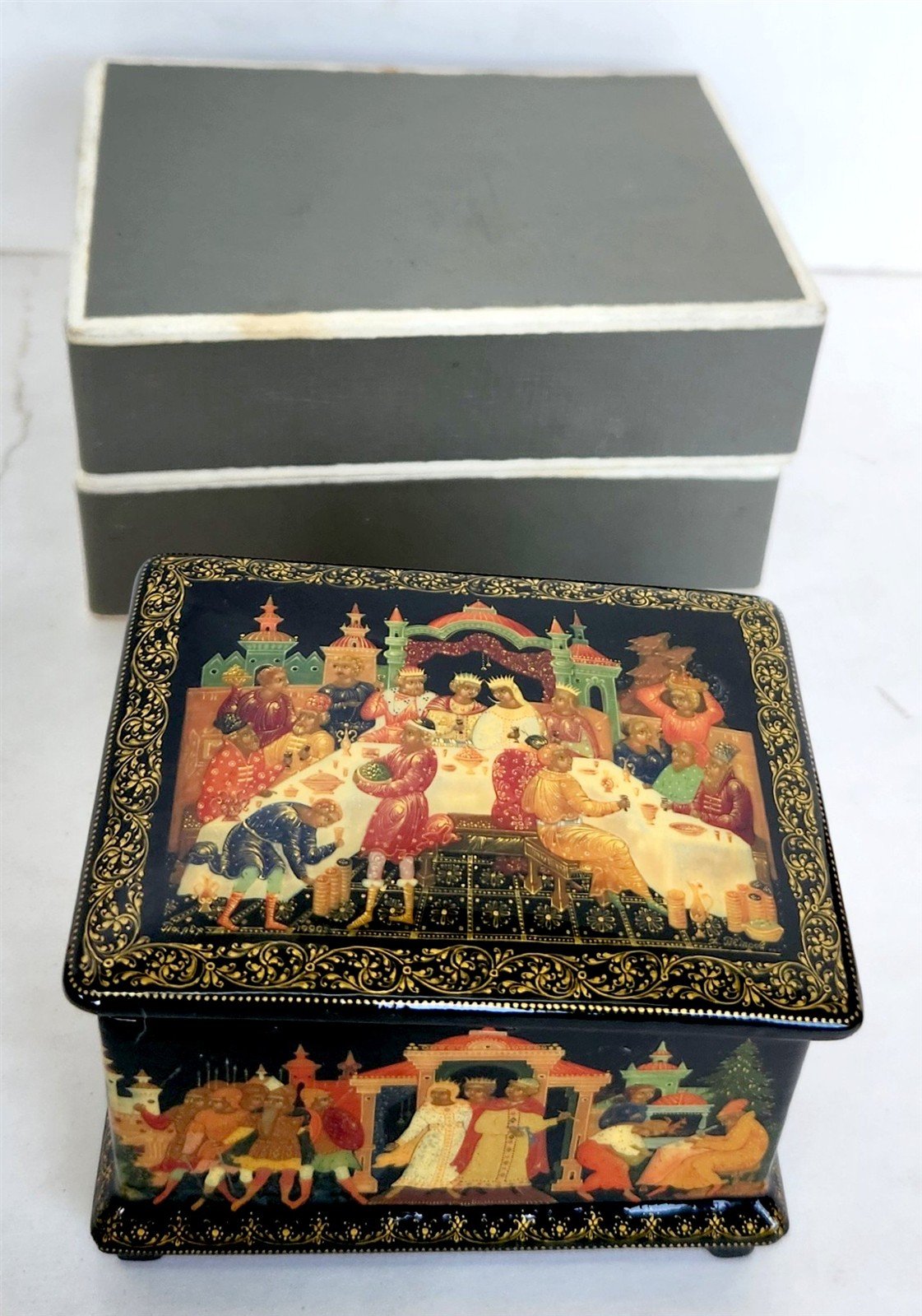 RUSSIAN PALEKH SCHOOL 1990 all sides PAINTED LACQUER BOX vintage HIGH QUALITY