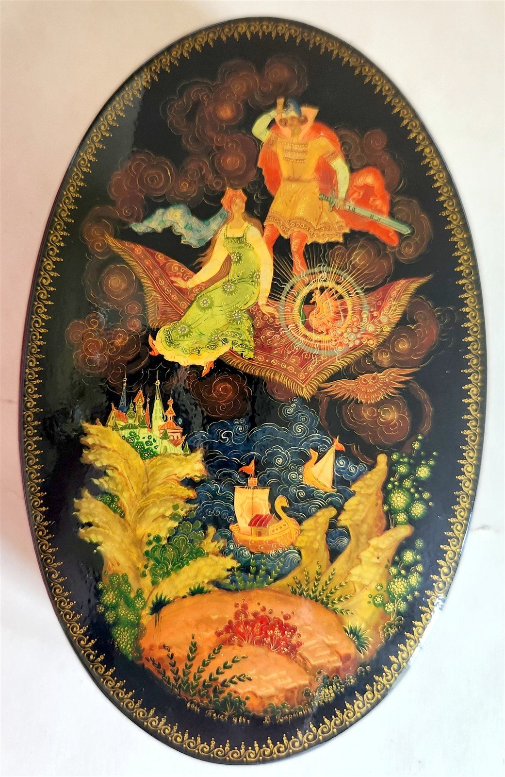 RUSSIAN PALEKH SCHOOL 1984 HAND PAINTED AMAZING LACQUER BOX vintage MAGIC CARPET