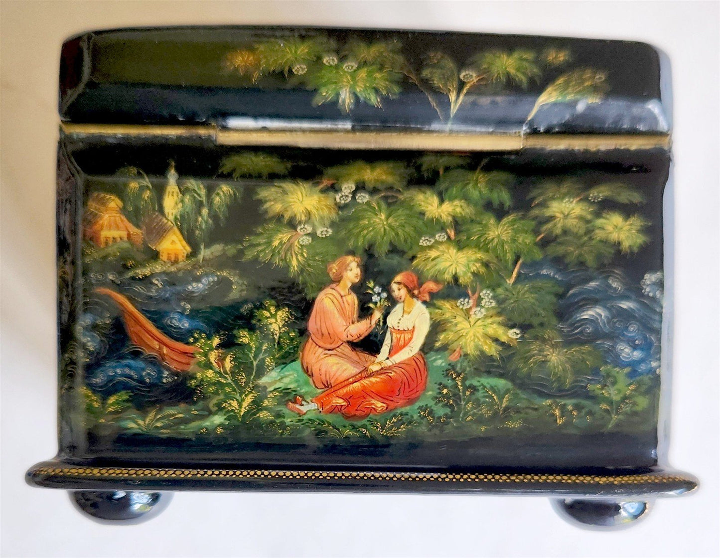 RUSSIAN PALEKH SCHOOL 1986 5 SIDES PAINTED LACQUER BOX vintage by V. BUTORINA