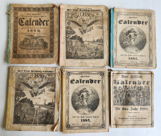 1880s PENNSYLVANIA GERMAN RERADING CALENDAR 5 ISSUES antique AMERICANA