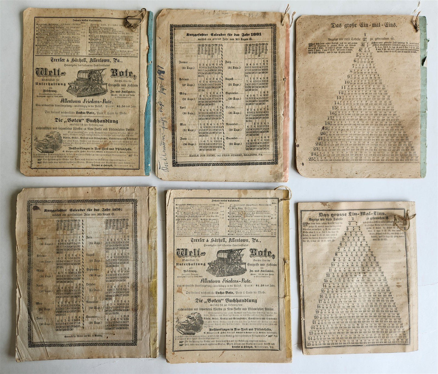 1880s PENNSYLVANIA GERMAN RERADING CALENDAR 5 ISSUES antique AMERICANA
