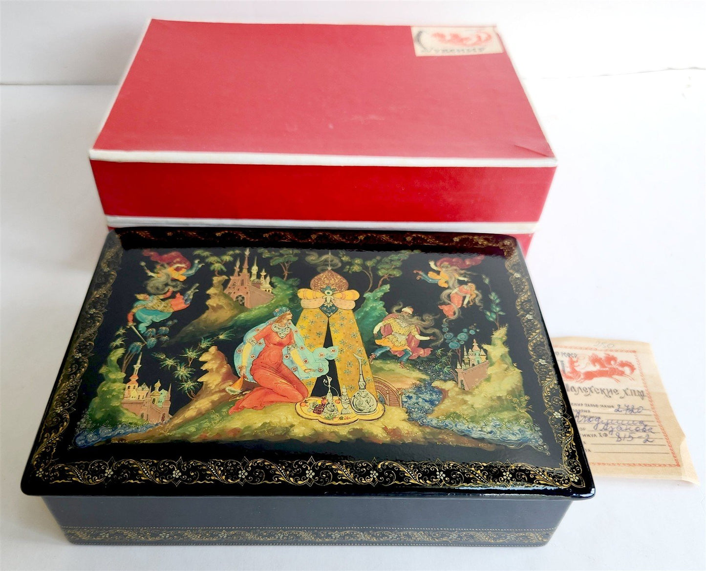 RUSSIAN PALEKH SCHOOL LACQUER BOX RUSLAN AND LUDMILA vintage MUSEUM QUALITY 1985